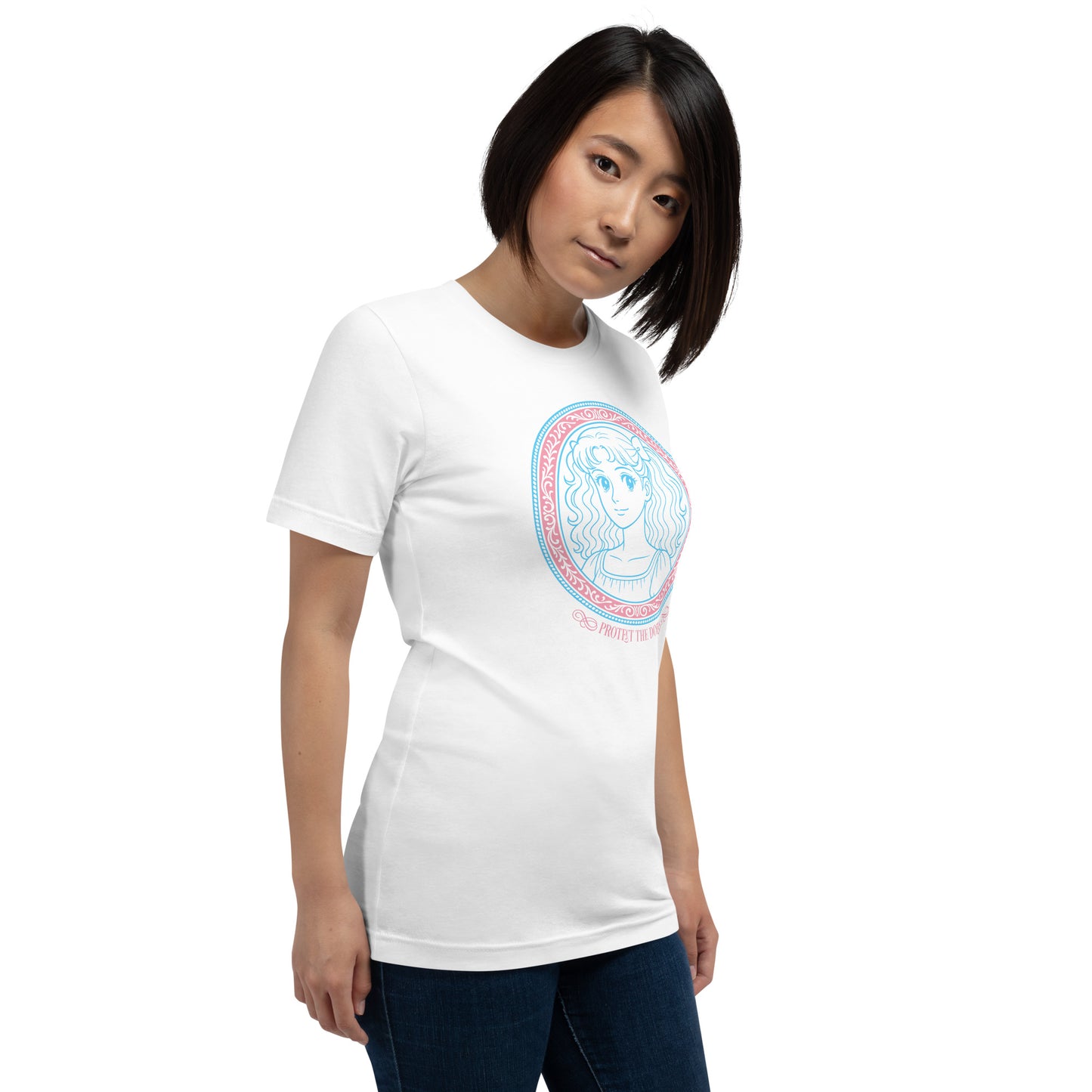 Lifestyle Image: Female model wearing Protect The Dolls shirt