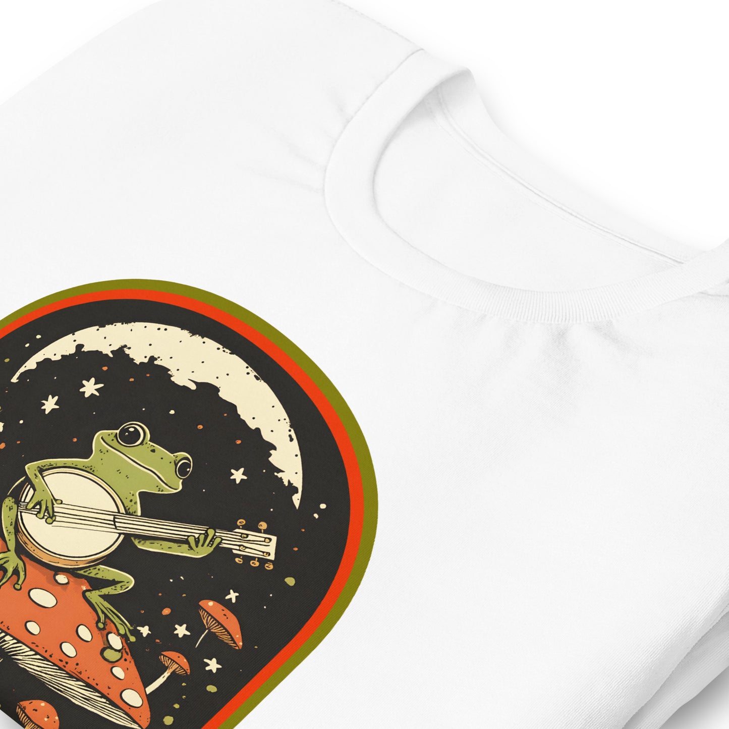 Close-up of cute frog playing banjo on a mushroom with anti-capitalist text.