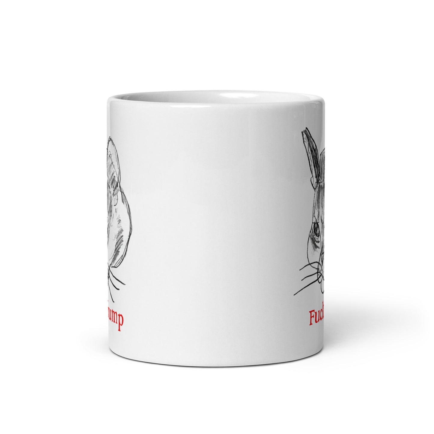 White 11 oz glossy mug featuring a humorous cat illustration with the text "F*ck Trump."