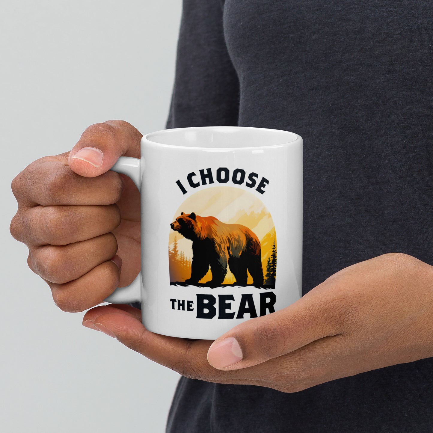 11 oz white mug featuring I Choose The Bear bear in the mountains design.