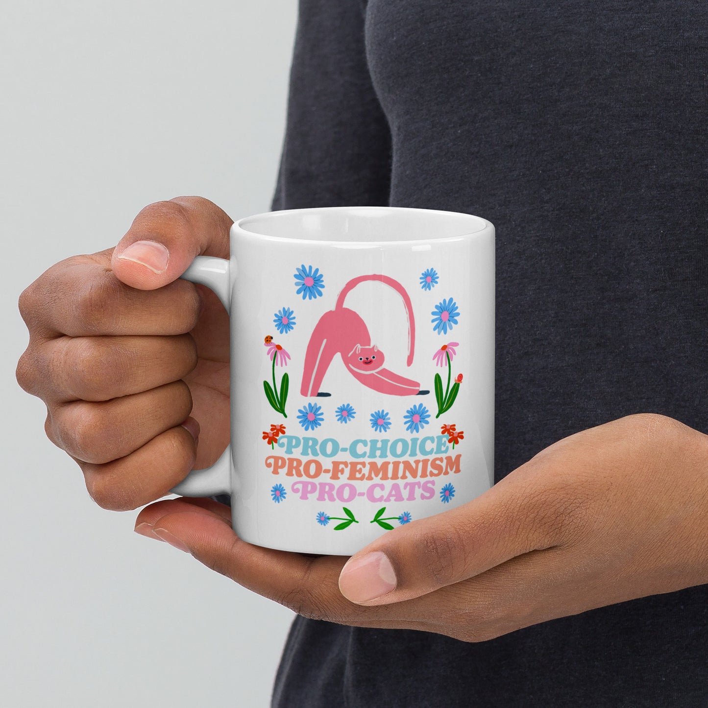 Pro-Choice Pro-Feminism Pro-Cats 11 oz white Mug with floral cat graphic.
