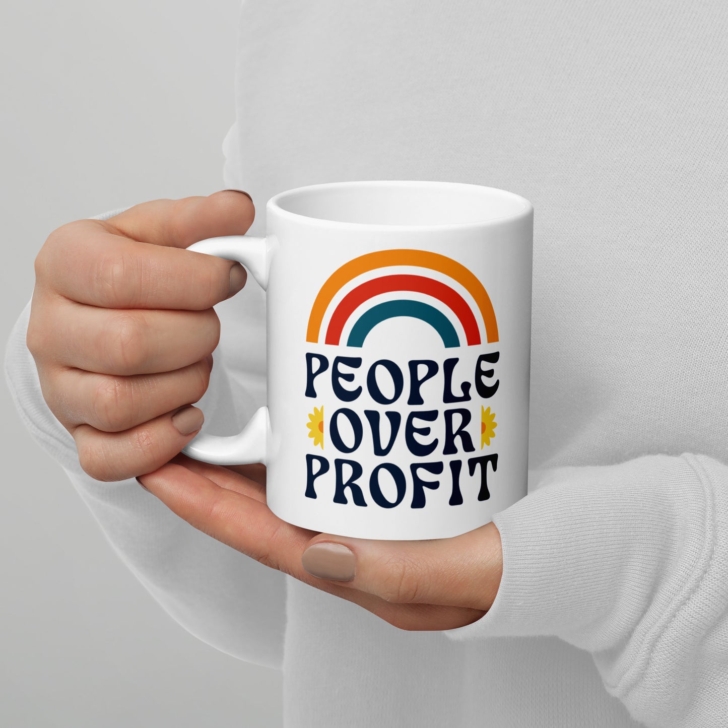 11 oz People Over Profit Mug with retro rainbow graphic