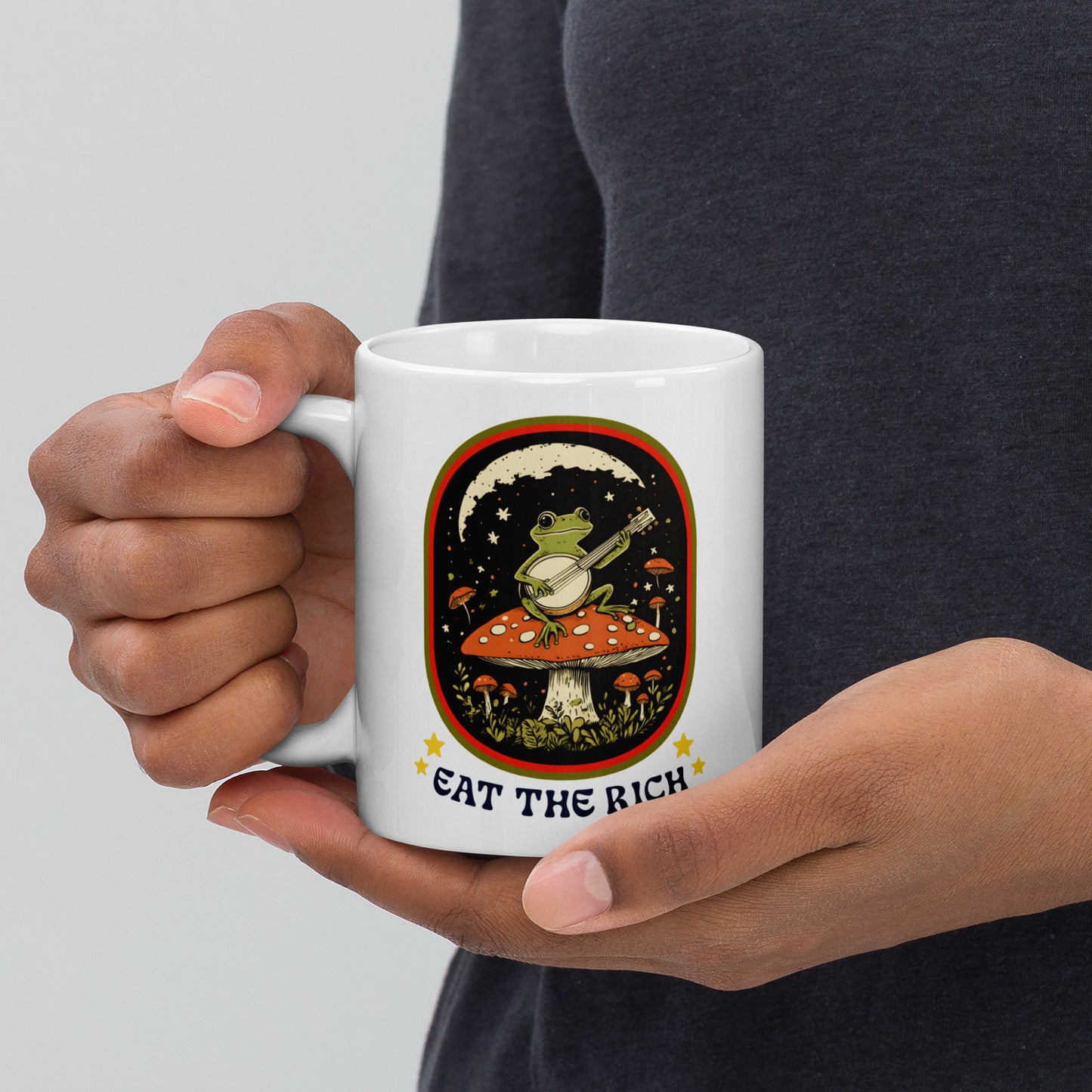 11 oz Eat The Rich white Mug with retro frog graphic