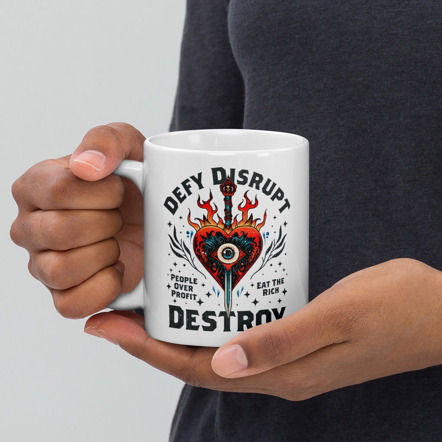11 oz Eat The Rich Mug with tattoo-inspired fiery heart and anti-capitalist slogan.