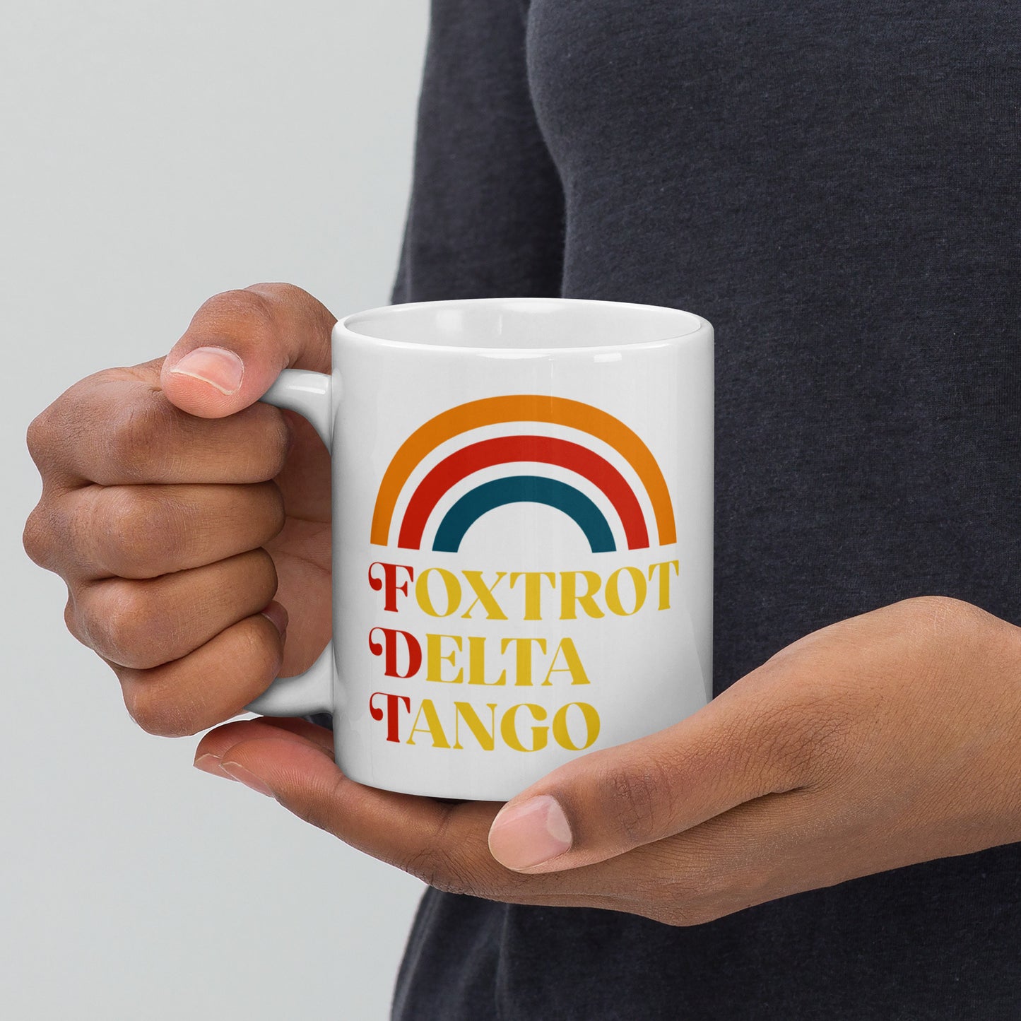 11 oz Foxtrot Delta Tango Anti-Trump White Mug with retro rainbow design