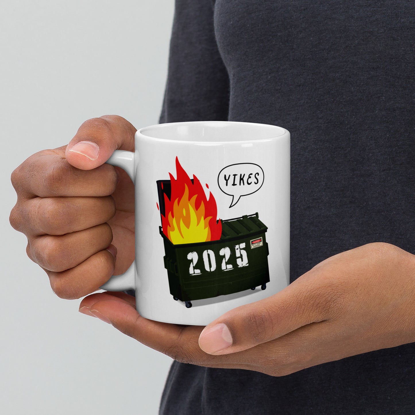 Front view of the 2025 Trump Dumpster Fire Mug with bold design.