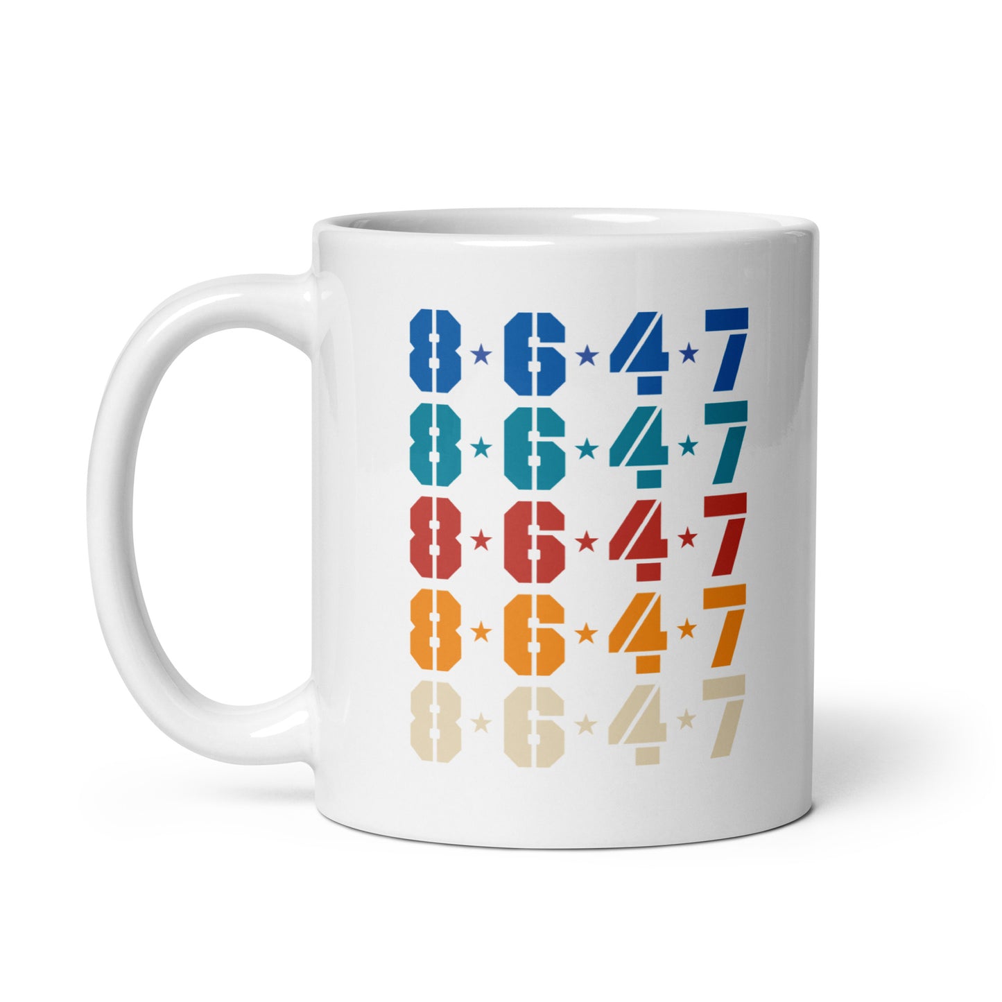 Front view of the 11 oz Subtle Anti-Trump 8647 FDT Retro Political Activism White Glossy Mug showcasing the "8647" design.
