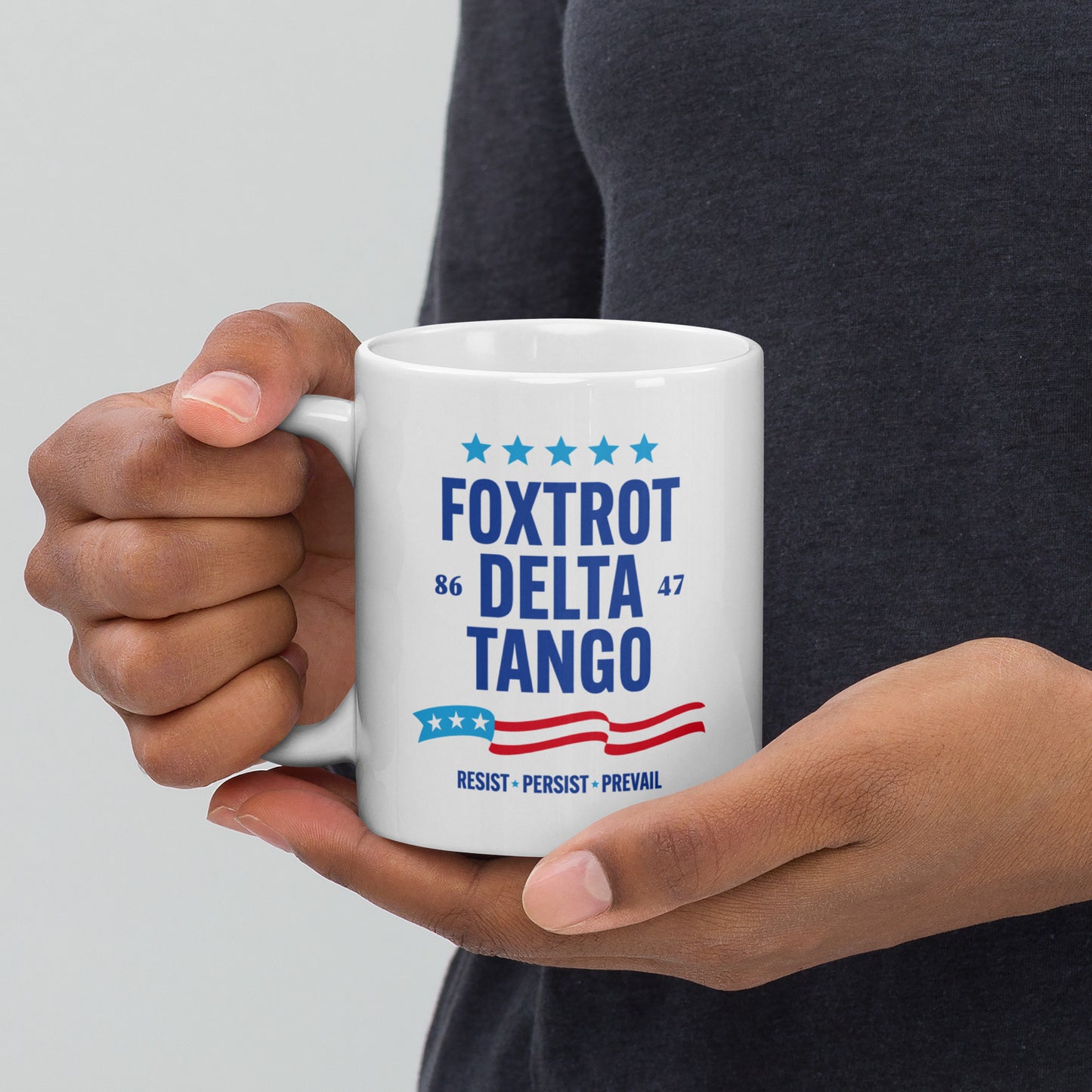 Front view of the 11 oz FDT Protest Anti-Trump & Anti-MAGA Statement White Glossy Mug showcasing the subtle "FDT" design.