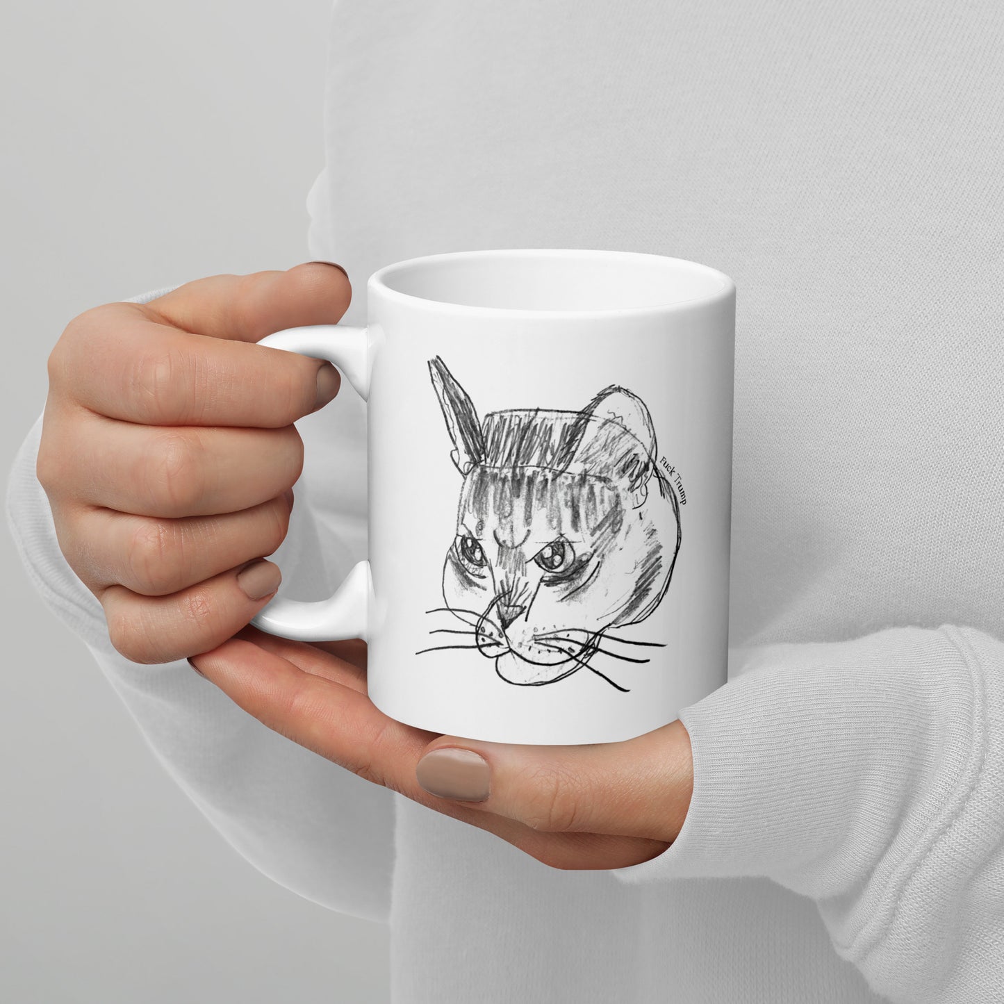 White 11 oz glossy mug featuring a funny cat illustration with a subtle anti-Trump message.