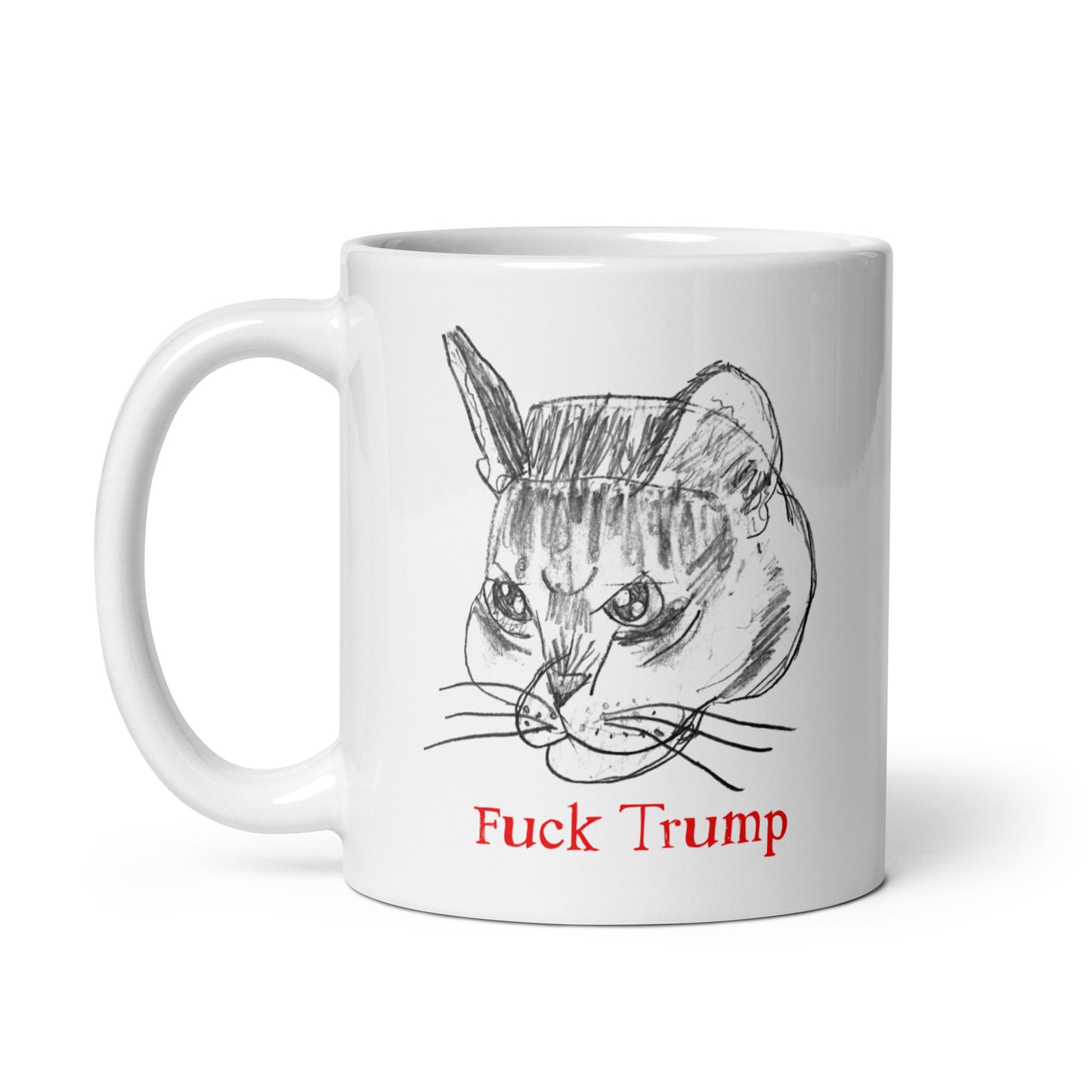 White 11 oz glossy mug featuring a humorous cat illustration with the text "F*ck Trump."