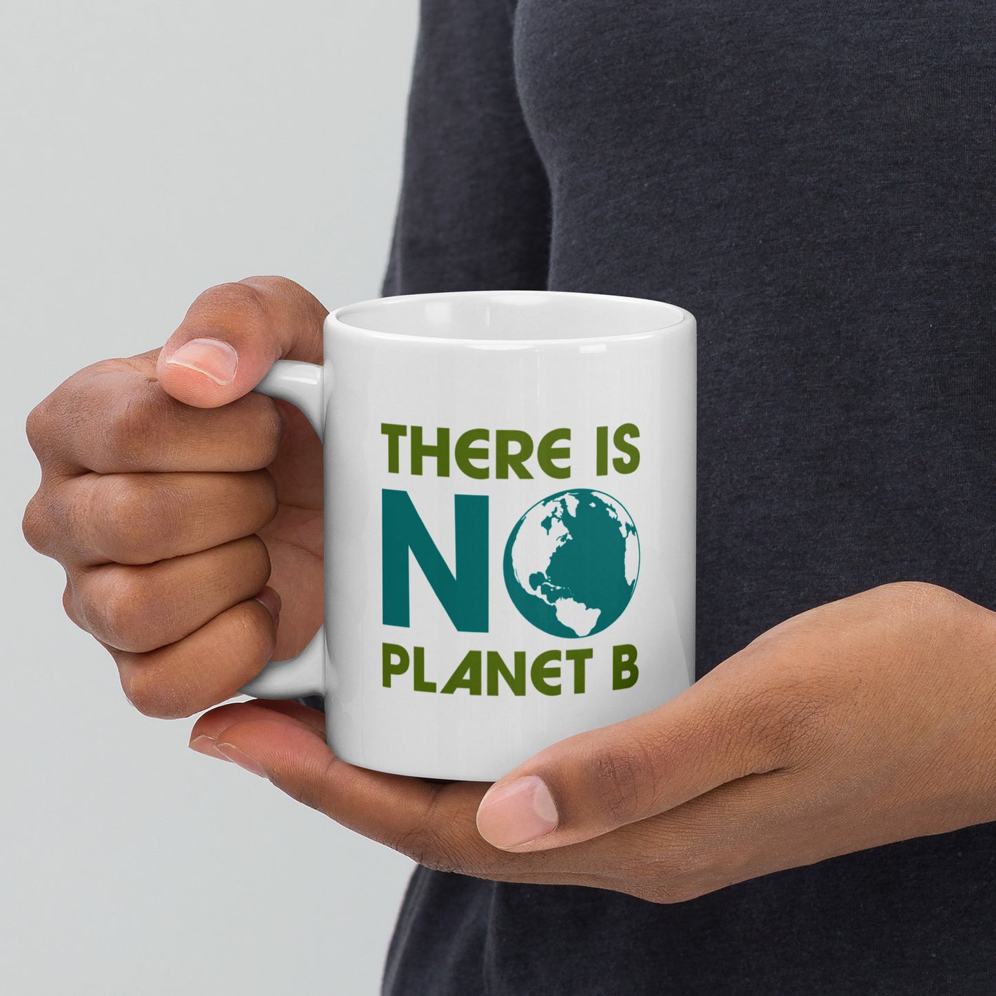 Front View Image: White 11 oz ceramic mug with “There Is No Planet B” climate change message, front view