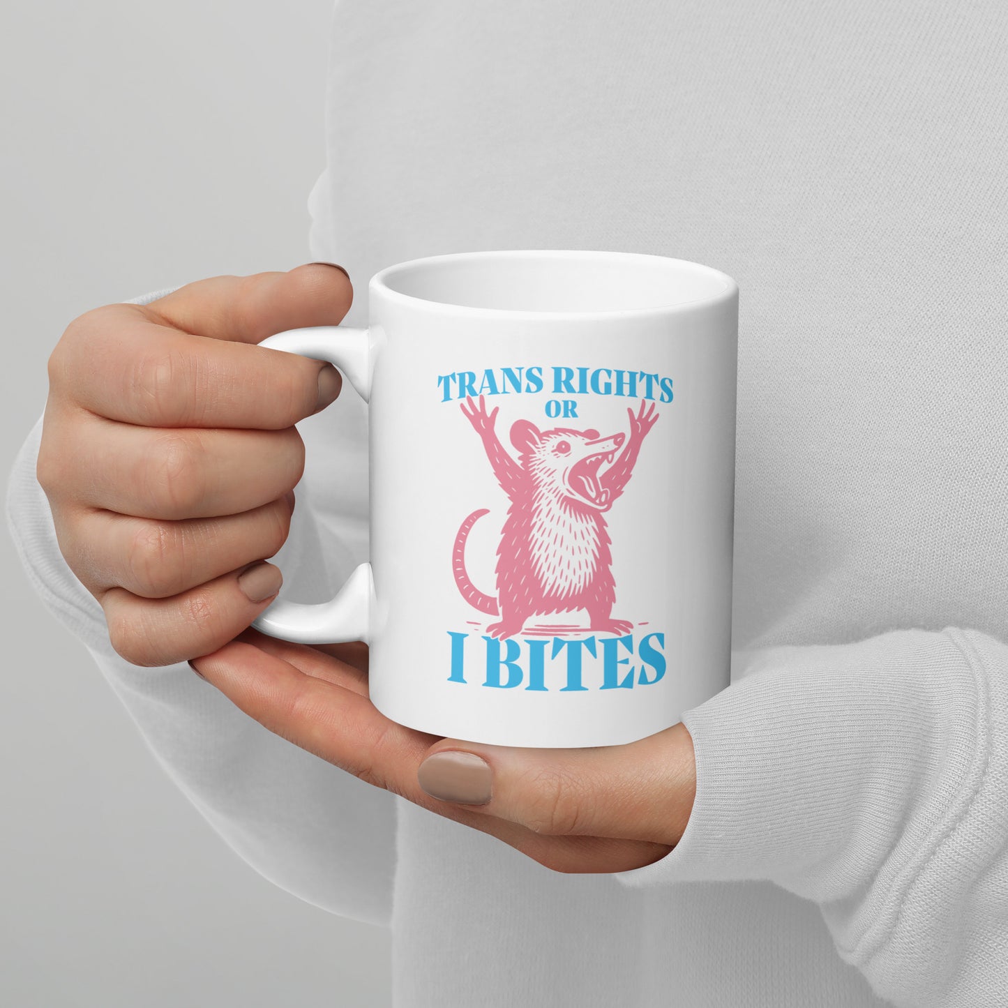 Trans Rights Or I Bites Trans Pride Opossum Graphic White 11 oz Glossy Mug