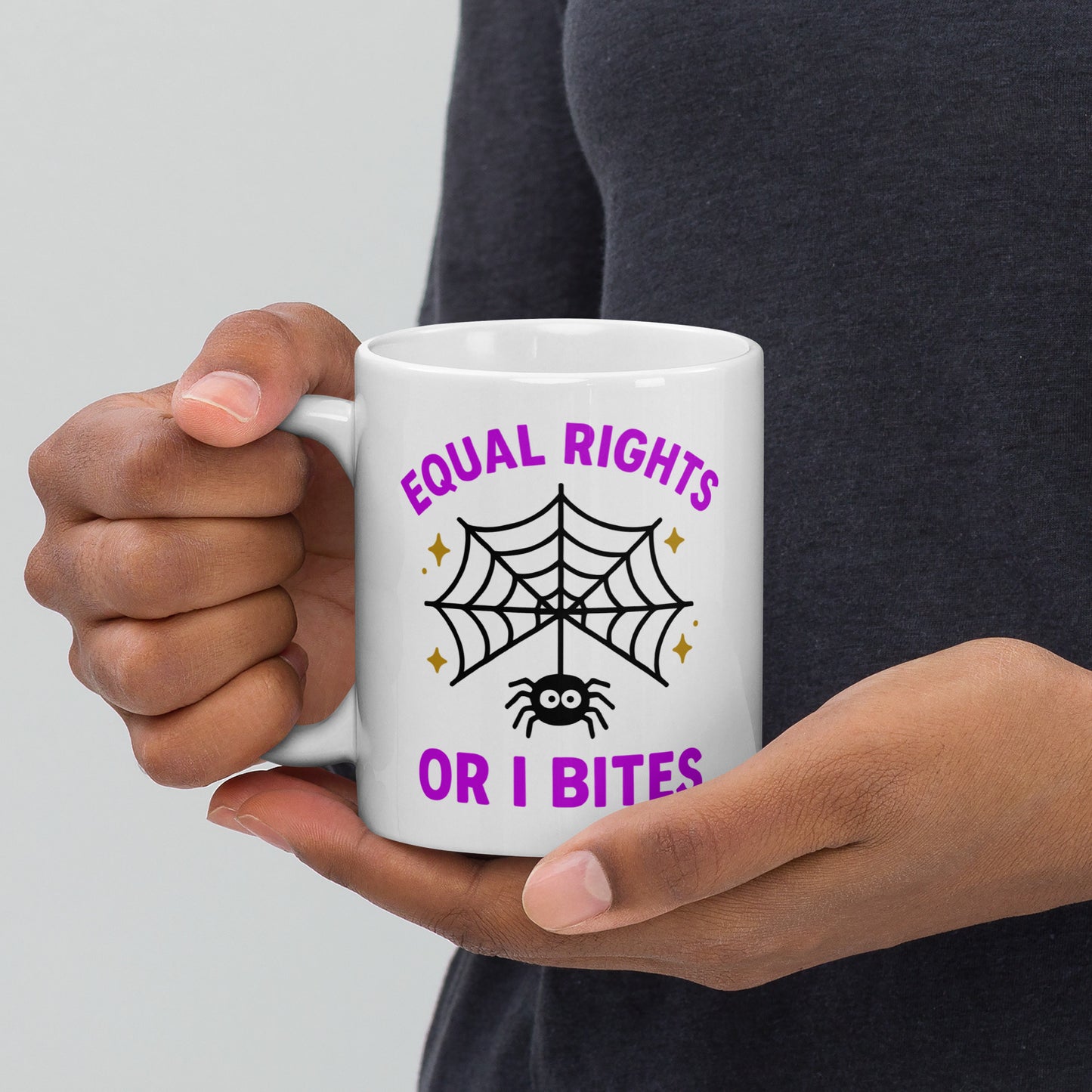 11 oz White ceramic mug with “Equal Rights or I Bites” spider web design, purple text and gold stars, feminist Halloween mug for activists.