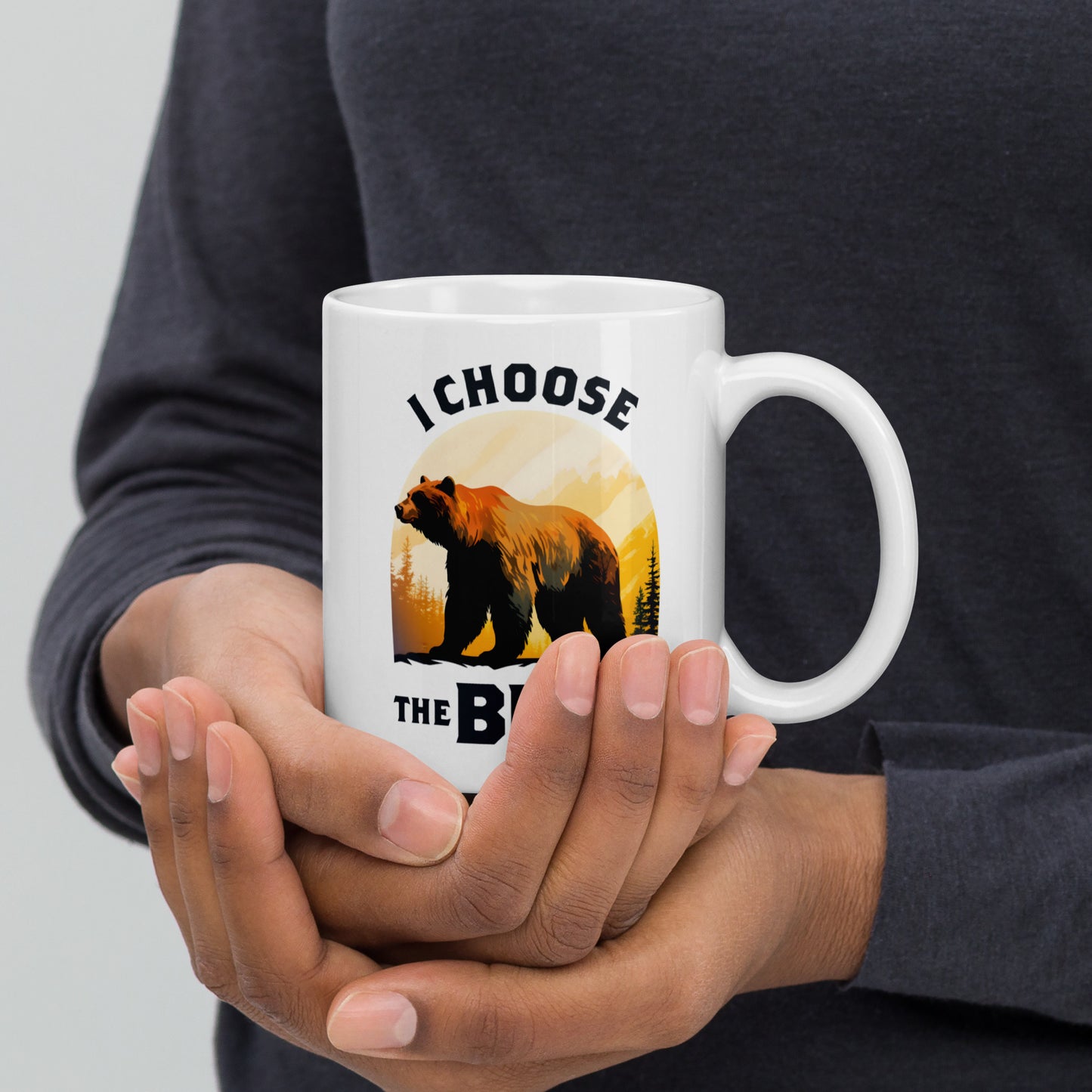 11 oz white mug featuring I Choose The Bear bear in the mountains design.