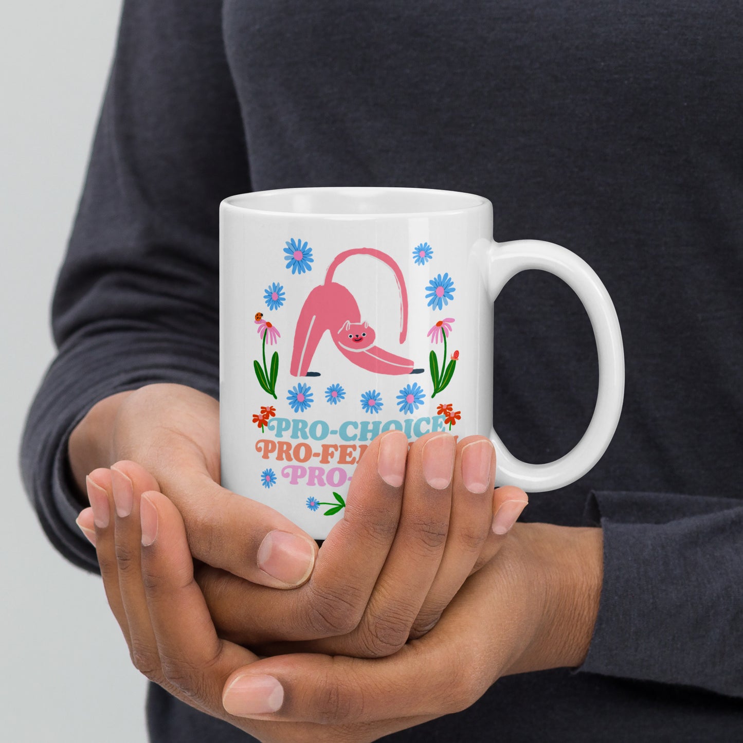 Pro-Choice Pro-Feminism Pro-Cats 11 oz white Mug with floral cat graphic.