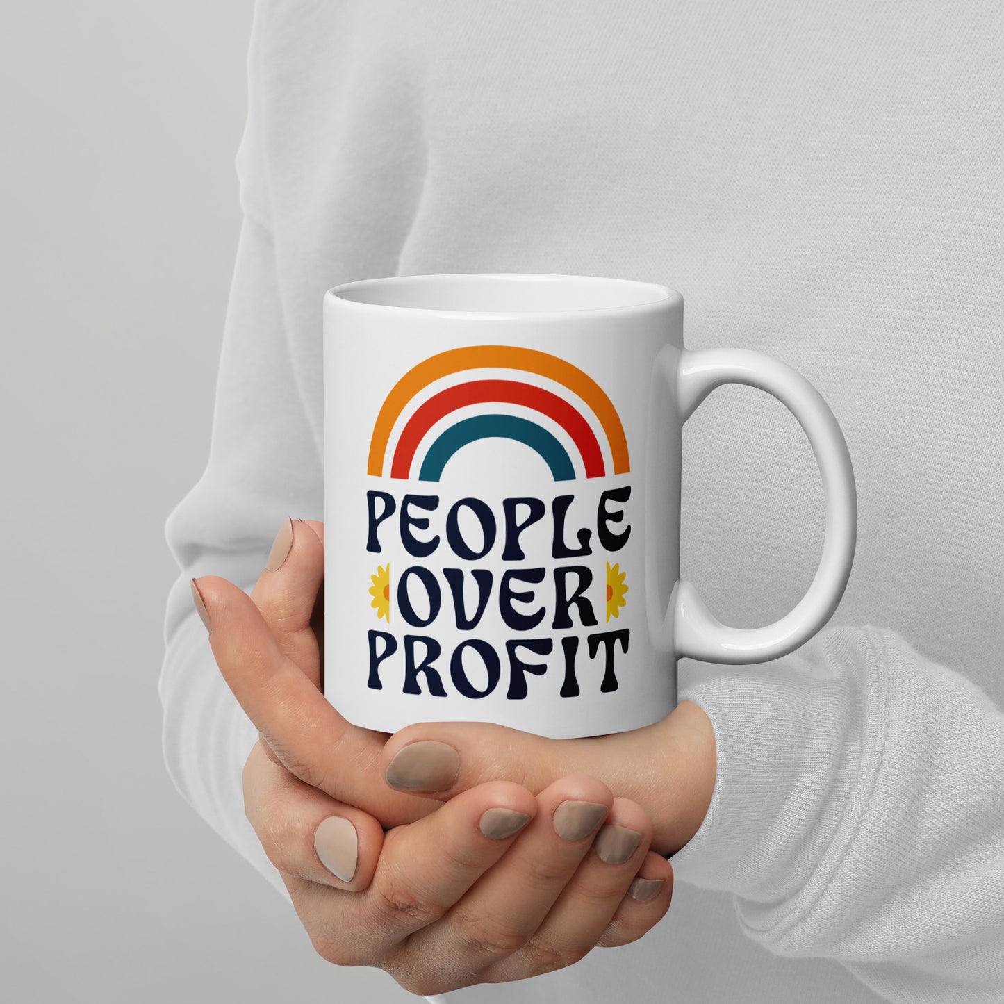11 oz People Over Profit Mug with retro rainbow graphic