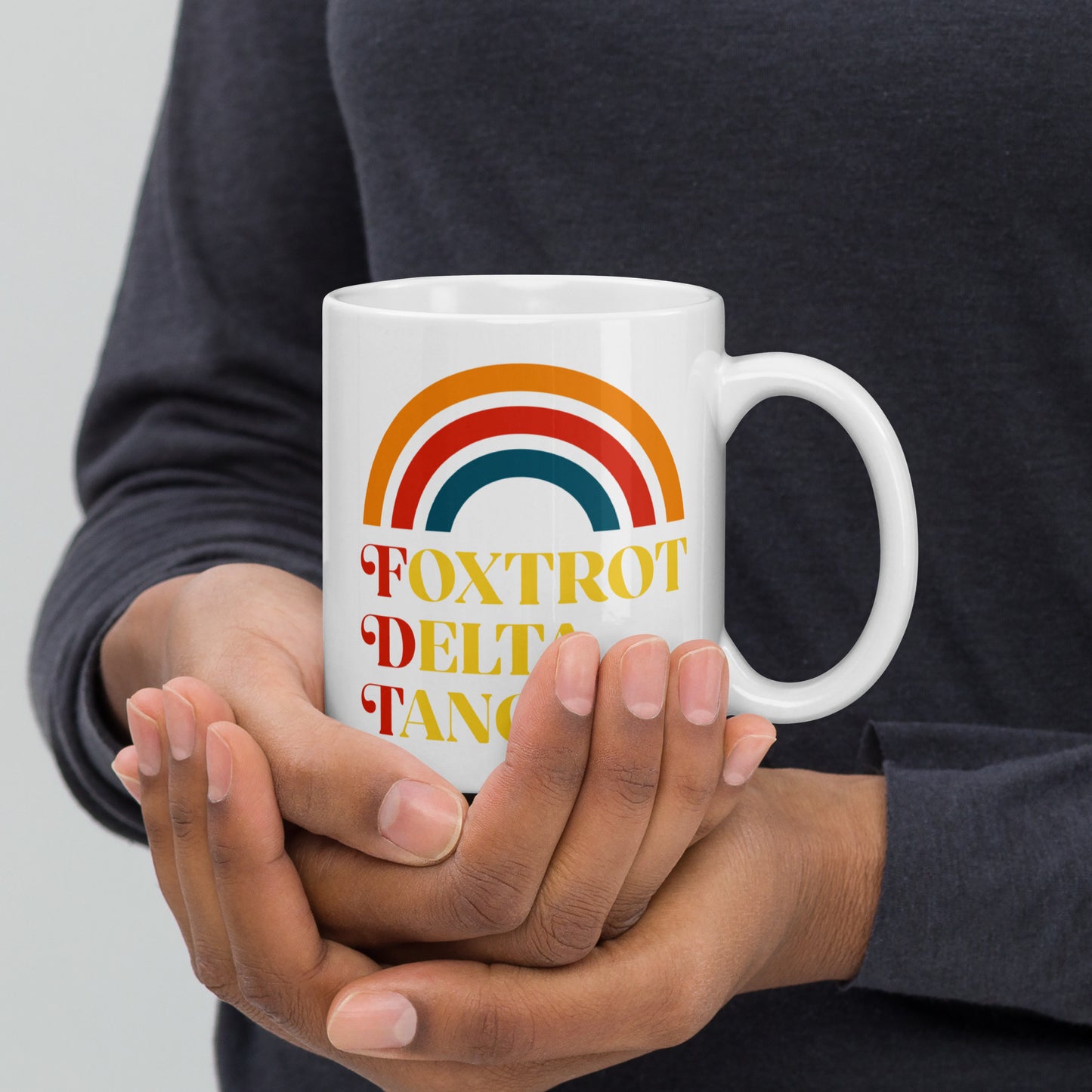 11 oz Foxtrot Delta Tango Anti-Trump White Mug with retro rainbow design