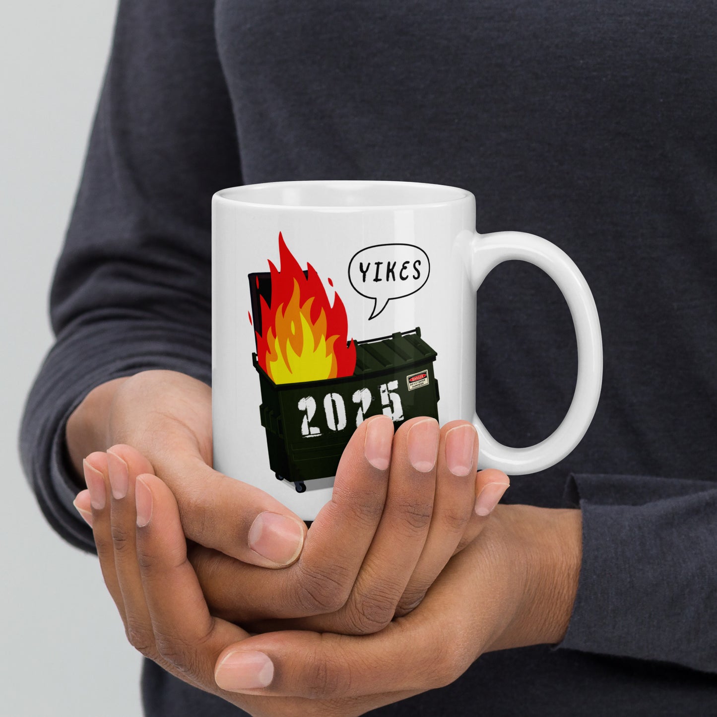 Front view of the 2025 Trump Dumpster Fire Mug with bold design.