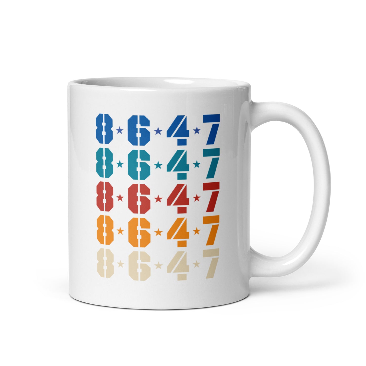 Front view of the 11 oz Subtle Anti-Trump 8647 FDT Retro Political Activism White Glossy Mug showcasing the "8647" design.