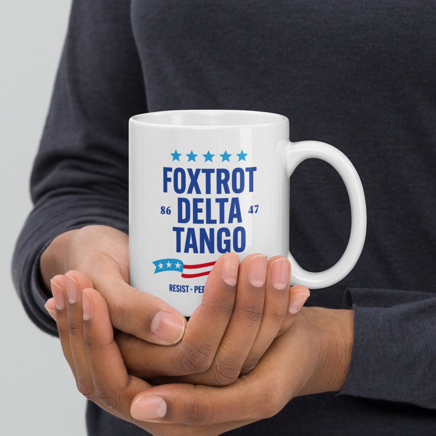 Front view of the 11 oz FDT Protest Anti-Trump & Anti-MAGA Statement White Glossy Mug showcasing the subtle "FDT" design.