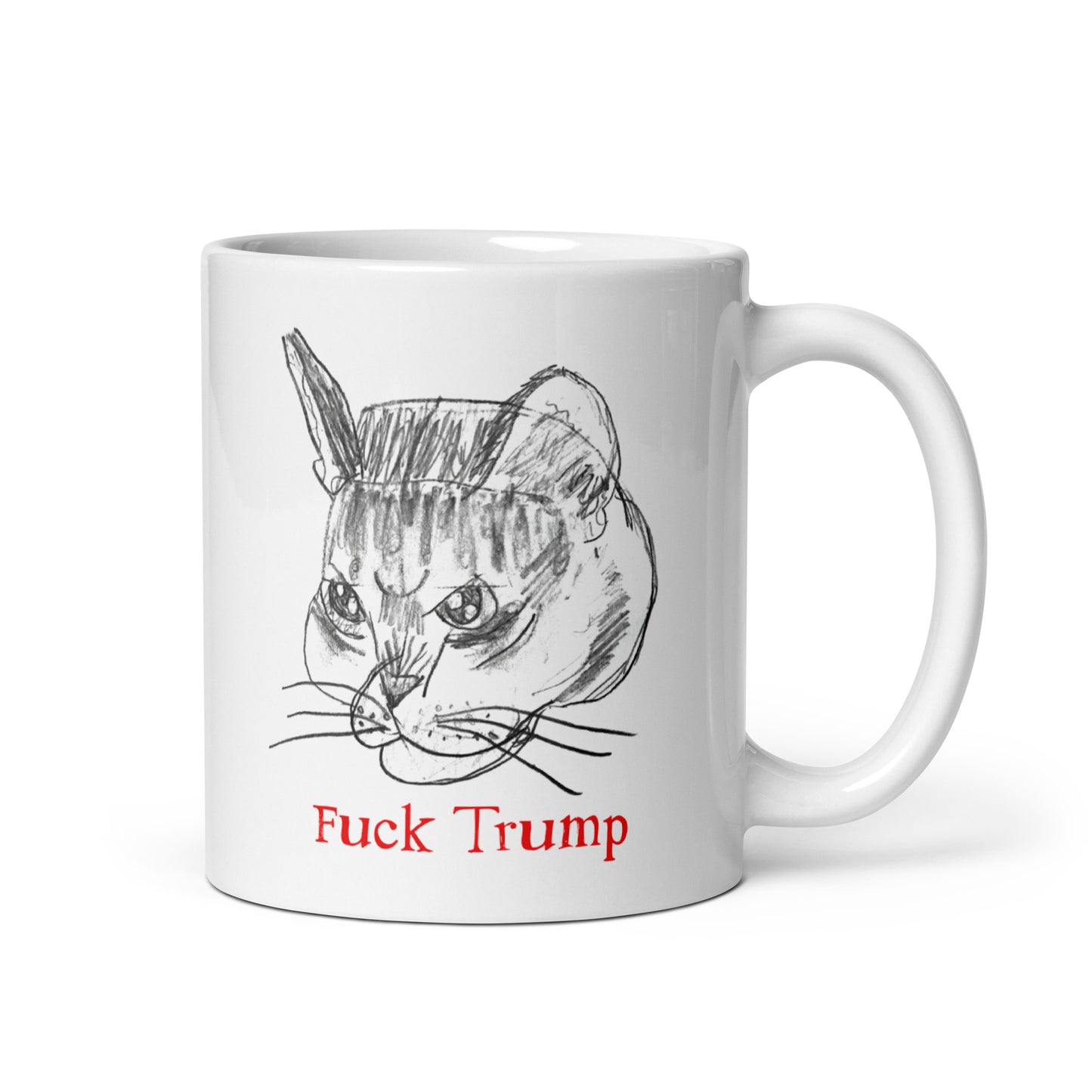 White 11 oz glossy mug featuring a humorous cat illustration with the text "F*ck Trump."