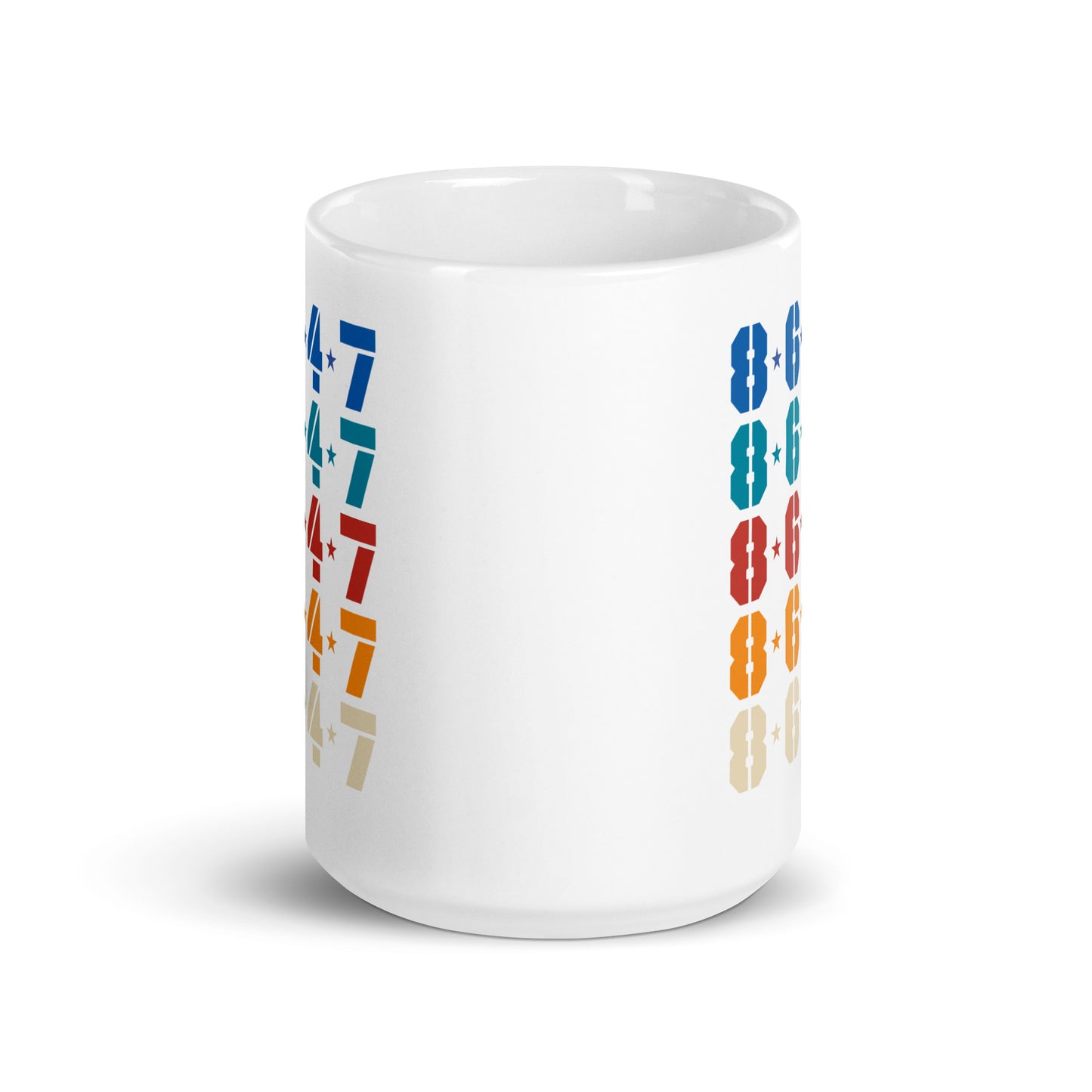 Side view of the 15 oz Subtle Anti-Trump 8647 FDT Retro Political Activism White Glossy Mug showcasing the "8647" design.