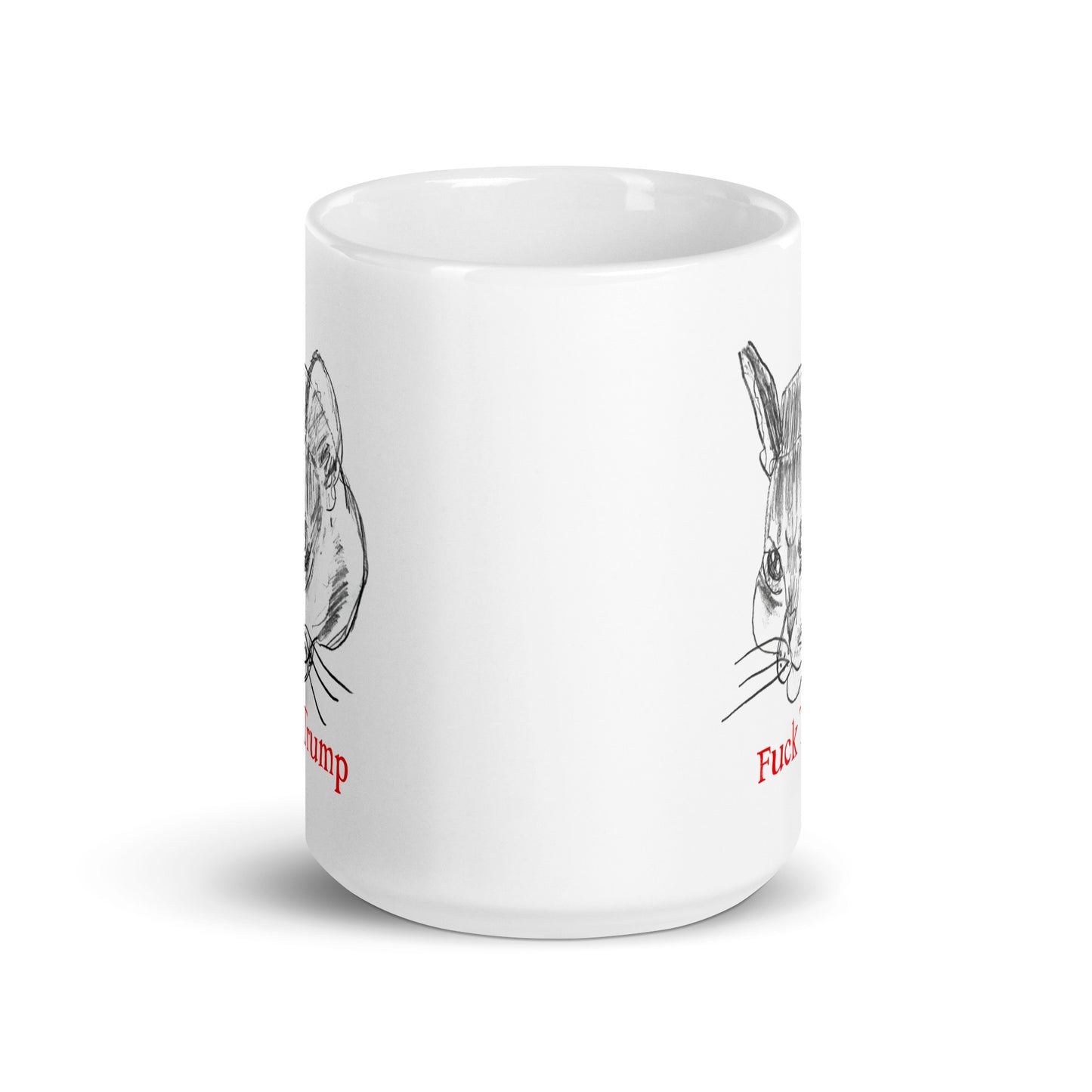 White 15 oz glossy mug featuring a humorous cat illustration with the text "F*ck Trump."