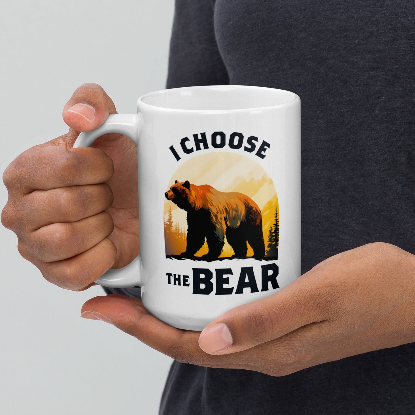 15 oz white mug featuring I Choose The Bear bear in the mountains design.