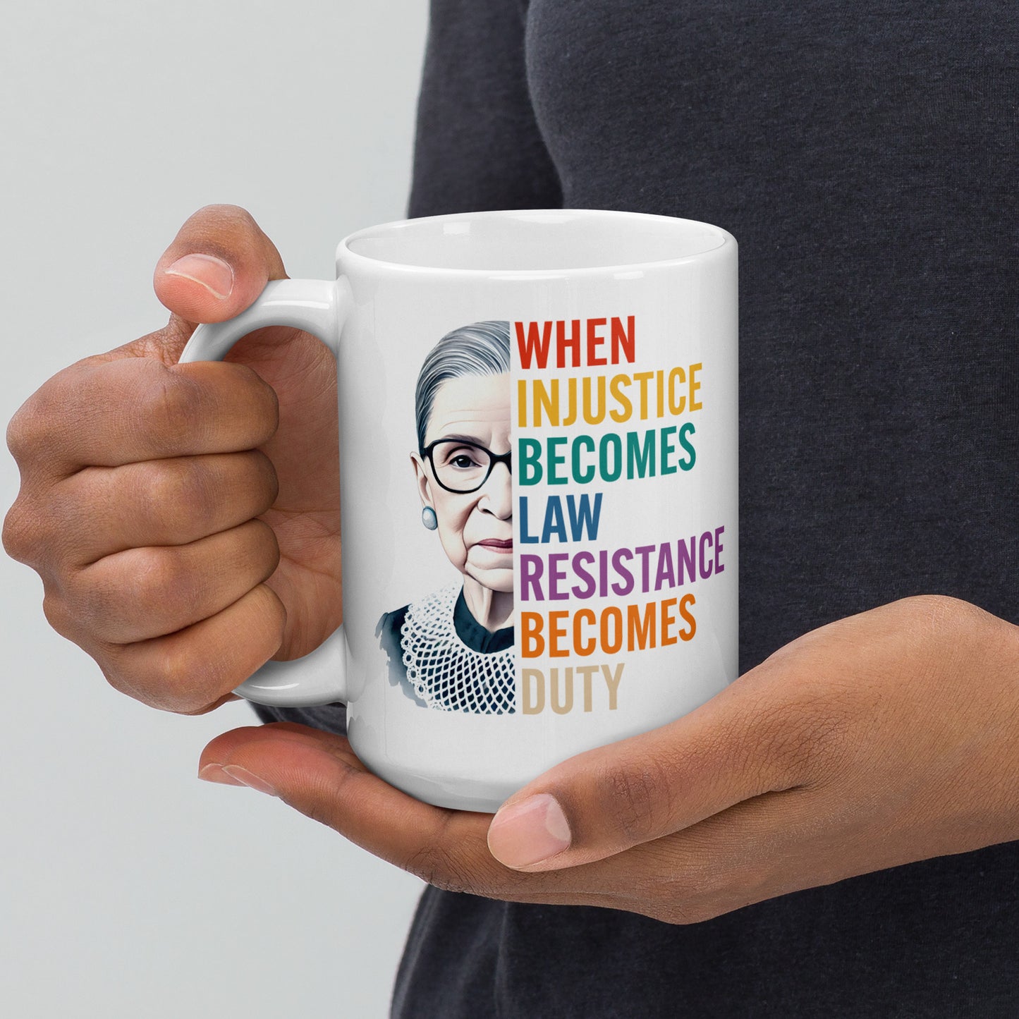15 oz white mug showcasing Ruth Bader Ginsburg’s portrait and text.