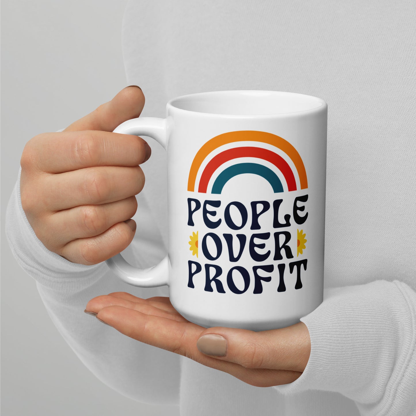 15 oz People Over Profit Mug with retro rainbow graphic