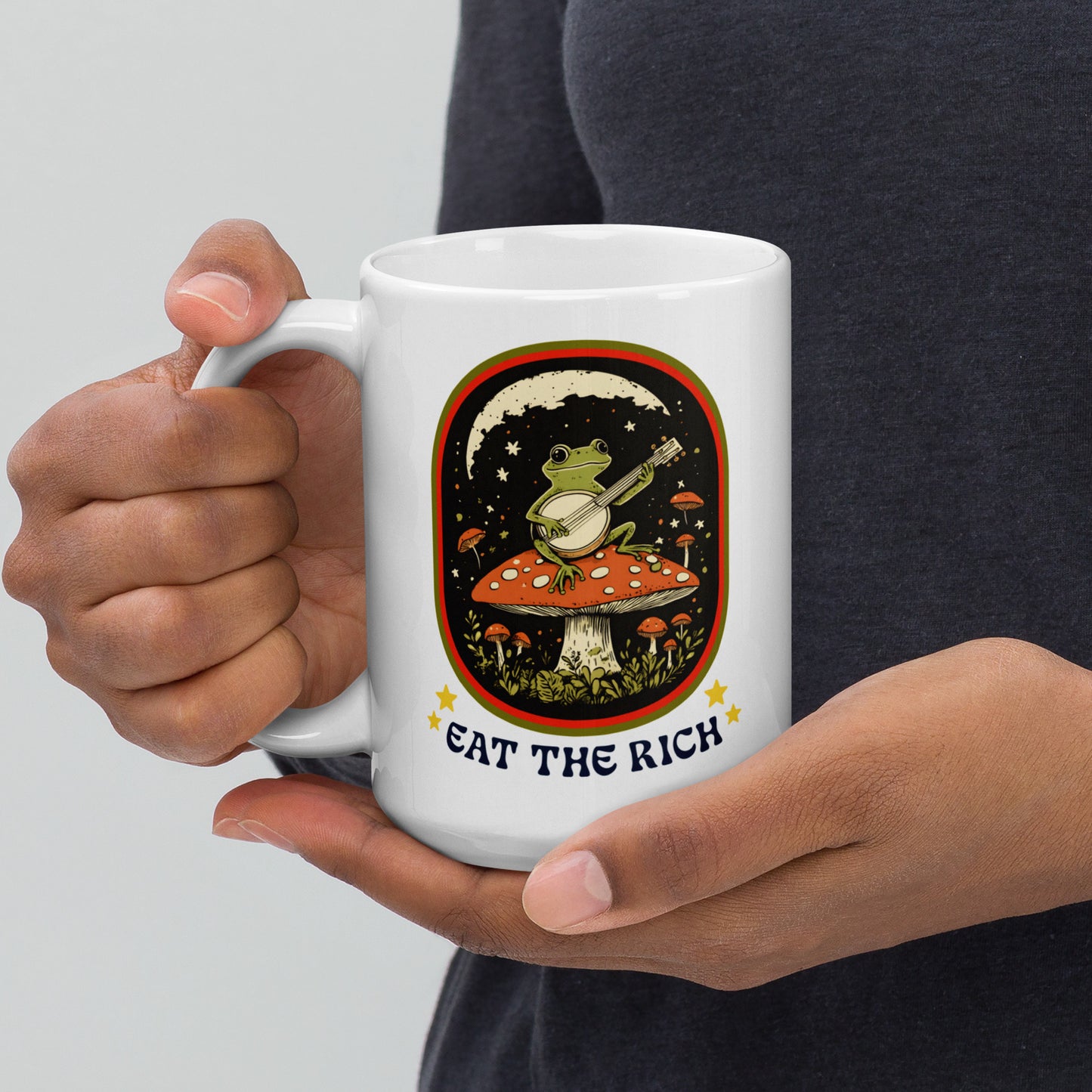 15 oz Eat The Rich white Mug with retro frog graphic
