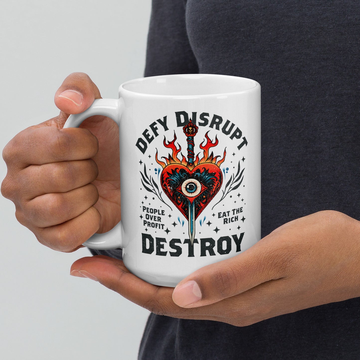 15 oz Eat The Rich Mug with tattoo-inspired fiery heart and anti-capitalist slogan.