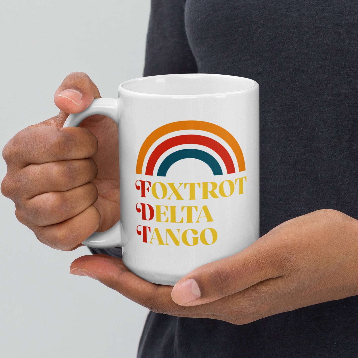 15 oz Foxtrot Delta Tango Anti-Trump White Mug with retro rainbow design