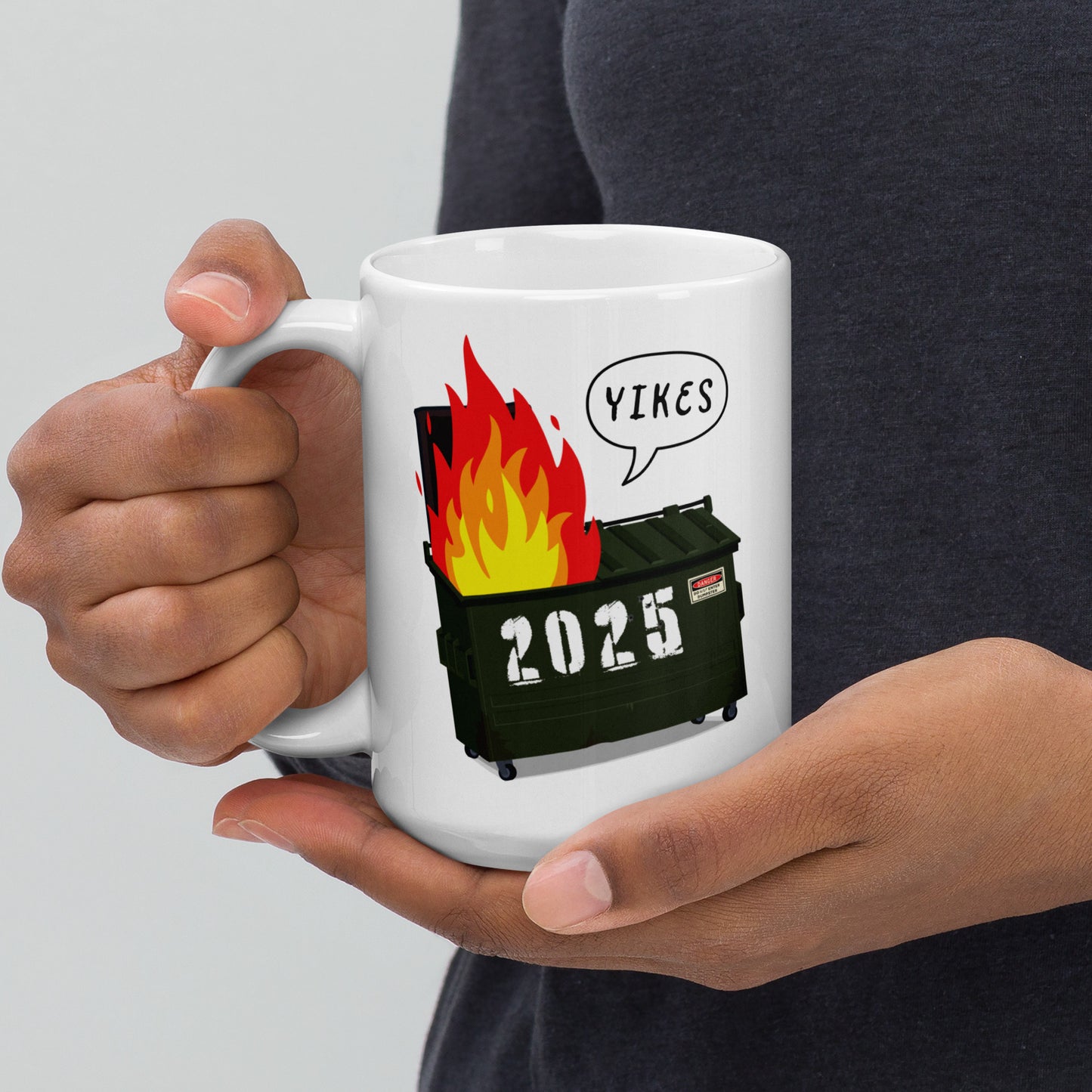 Front view of the 2025 Trump Dumpster Fire Mug with bold design.
