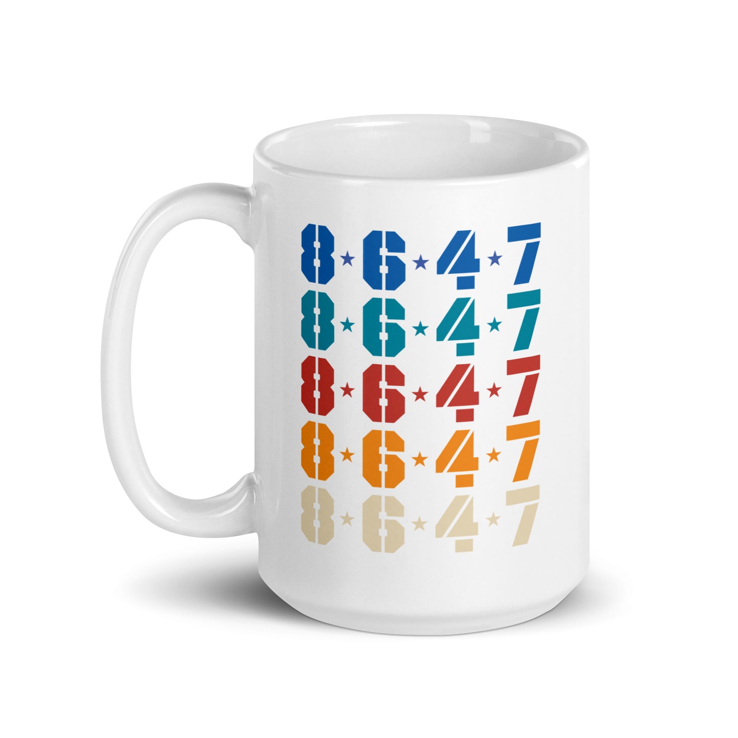 Front view of the 15 oz Subtle Anti-Trump 8647 FDT Retro Political Activism White Glossy Mug showcasing the "8647" design.