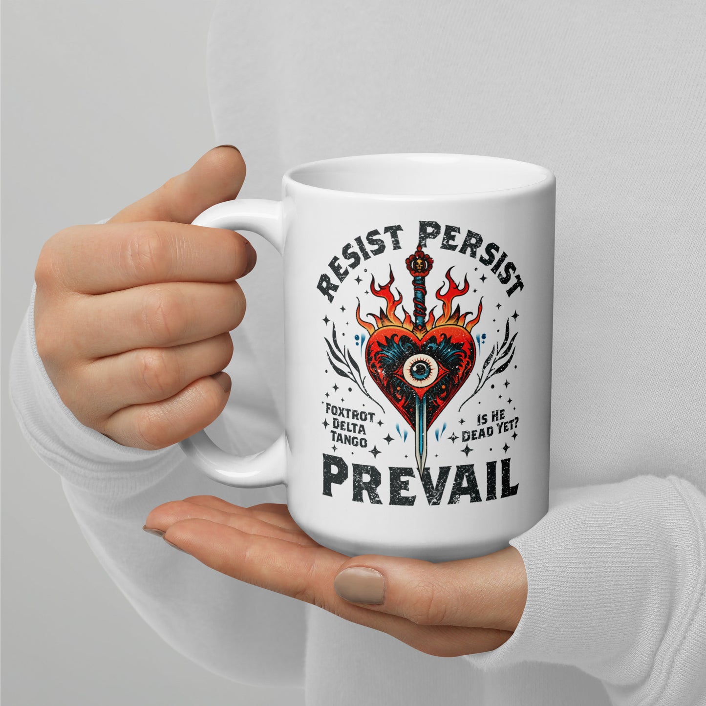 Front View Image: Ultimate FDT Anti-Trump 15 oz Mug featuring an evil heart engulfed in flames.