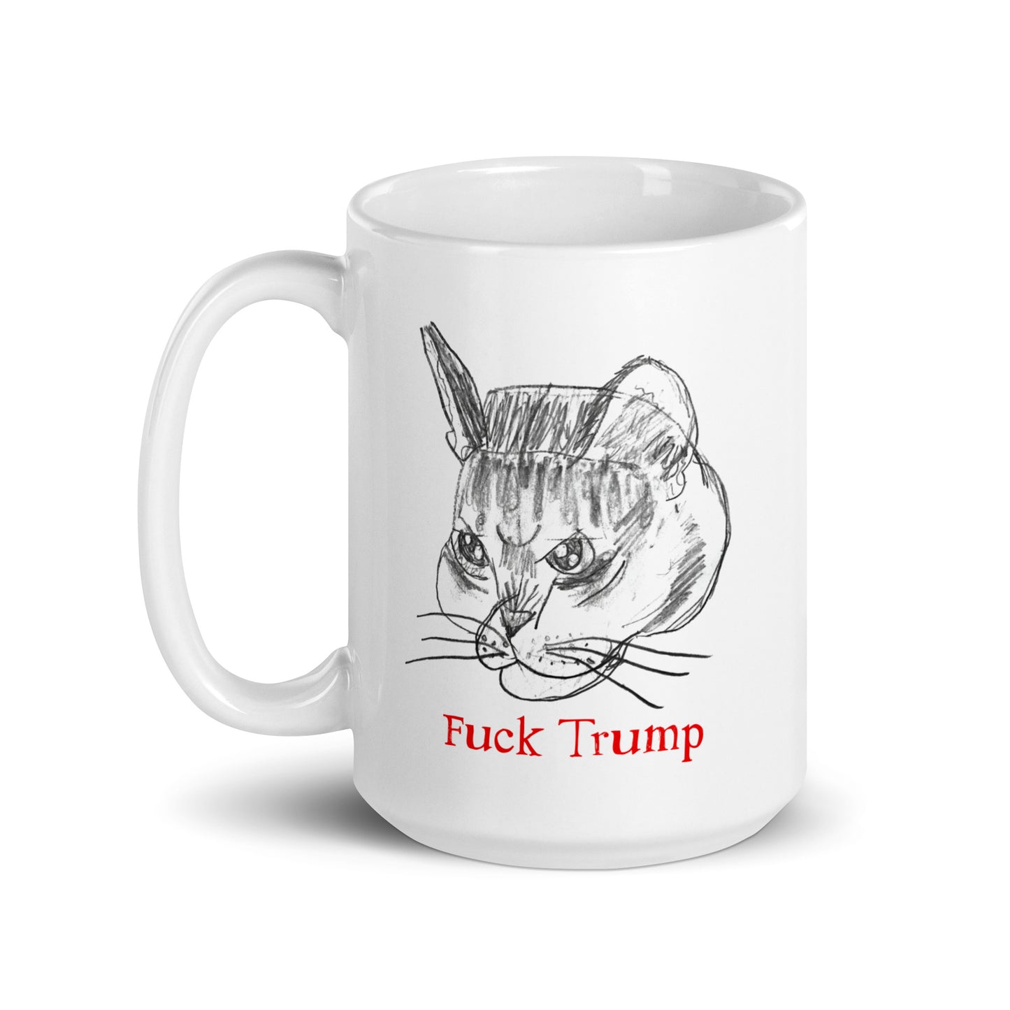 White 15 oz glossy mug featuring a humorous cat illustration with the text "F*ck Trump."