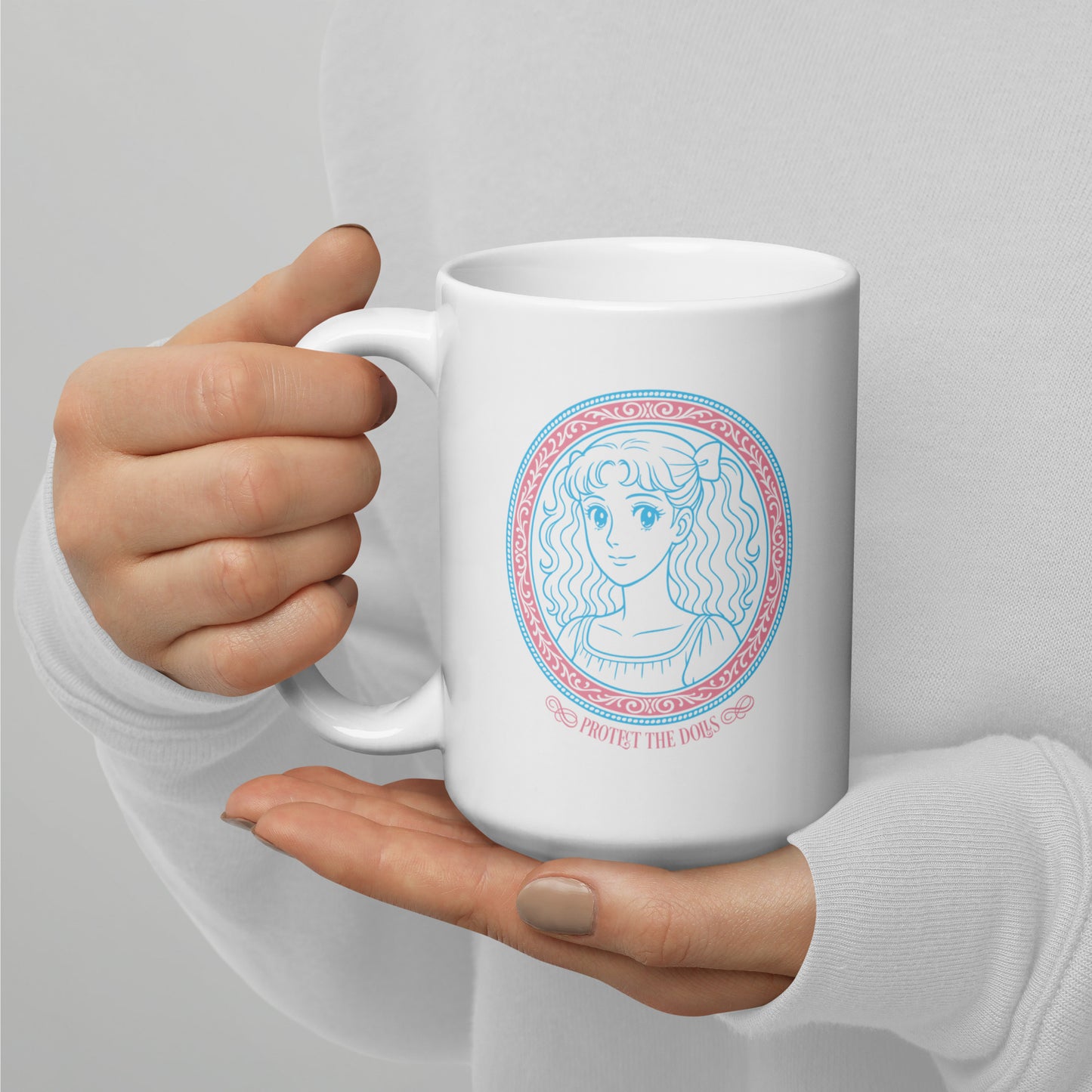 Front View Image: Protect The Dolls 15 oz white mug featuring pastel anime-style trans pride graphic