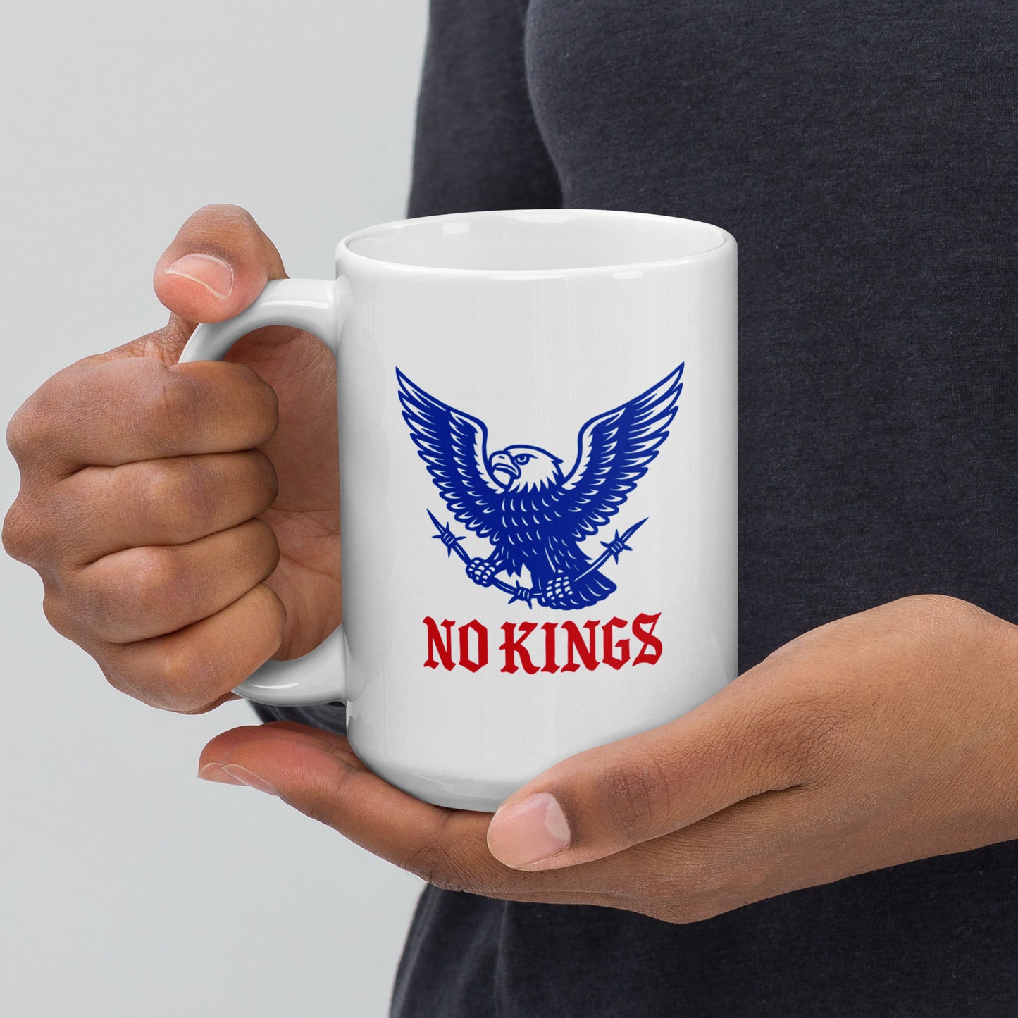 15 oz "No Kings In America" Anti-Trump Patriotic Eagle Graphic White Glossy Mug