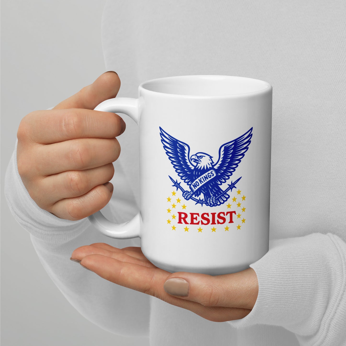 Resist: "No Kings In America" Anti-Trump Patriotic Eagle Graphic 15 oz White Glossy Mug