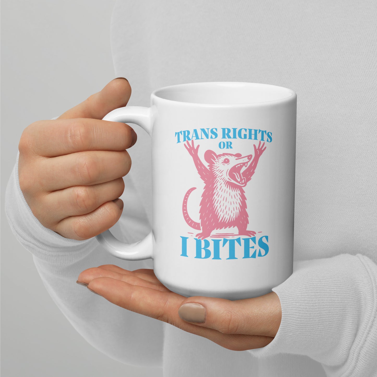 Trans Rights Or I Bites Trans Pride Opossum Graphic White 15 oz Glossy Mug