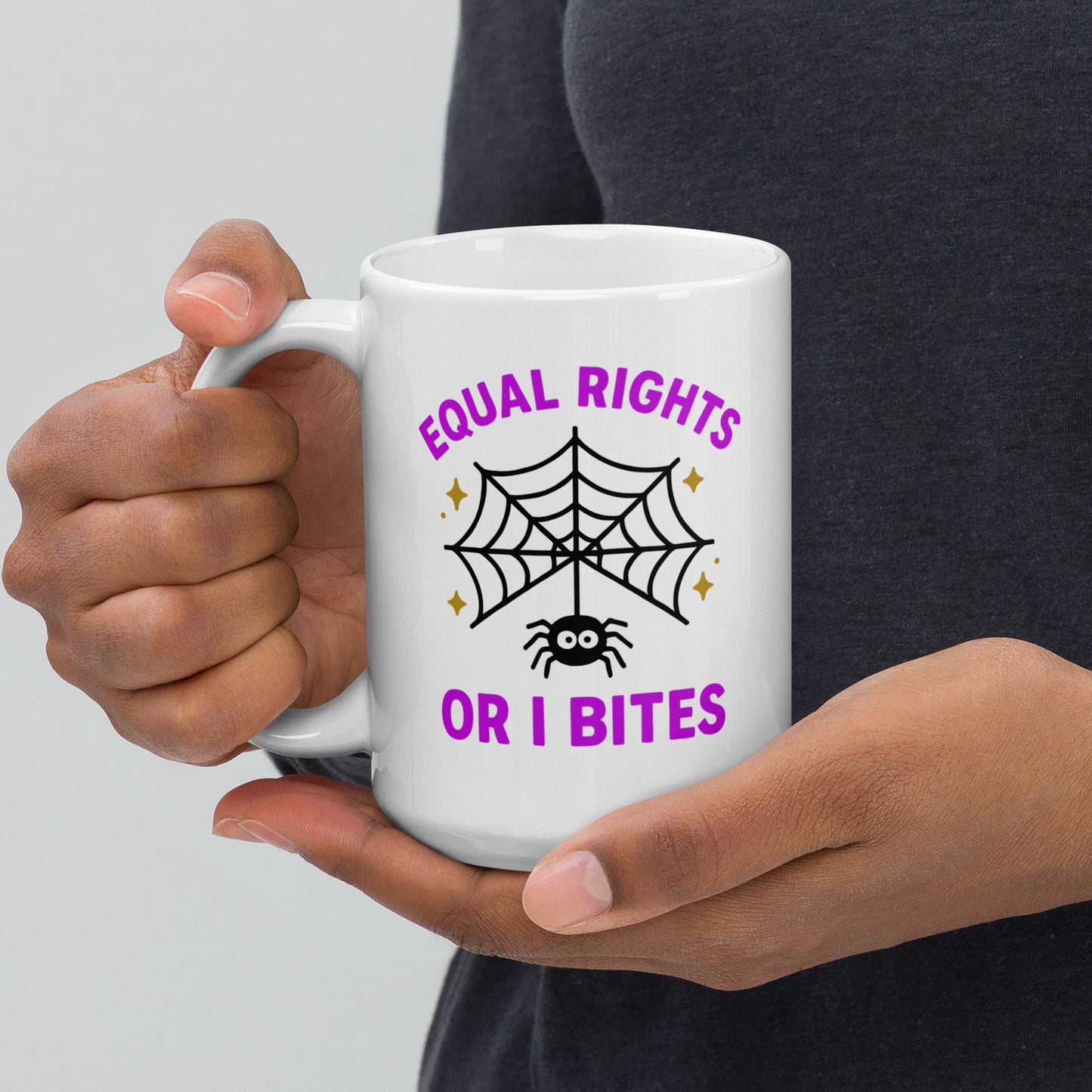 15 oz “Equal Rights or I Bites” Halloween mug with web and spider graphic, Blue Wave progressive home & lifestyle mug for feminist voters.