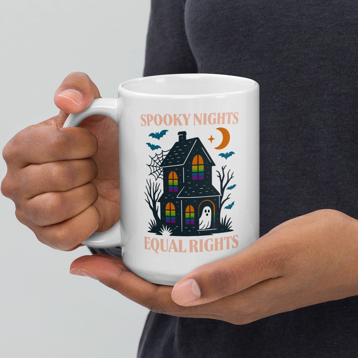 15 oz “Spooky Nights, Equal Rights” ceramic mug, haunted house and ghost print, Blue Wave progressive home & lifestyle drinkware.