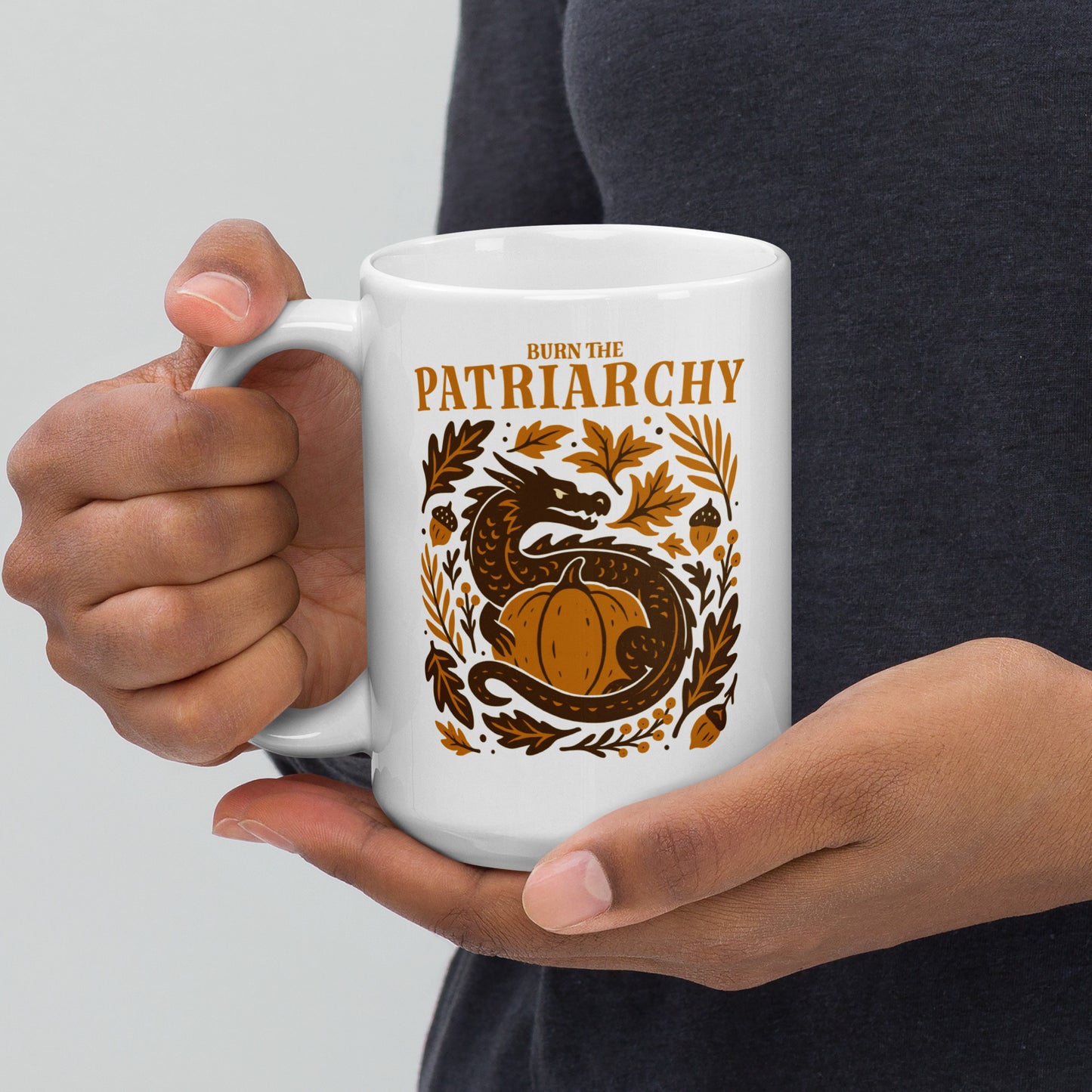 15 oz “Burn the Patriarchy” feminism dragon ceramic mug, Blue Wave USA progressive holiday drinkware for justice and gender equality.