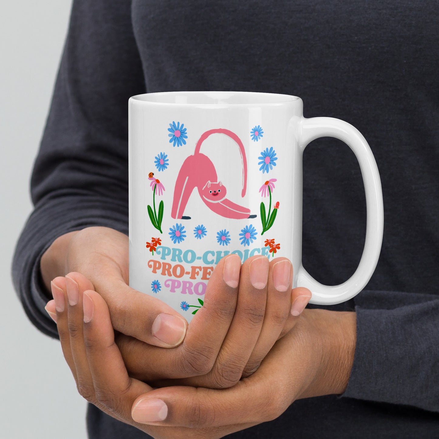 Pro-Choice Pro-Feminism Pro-Cats 15 oz white Mug with floral cat graphic.