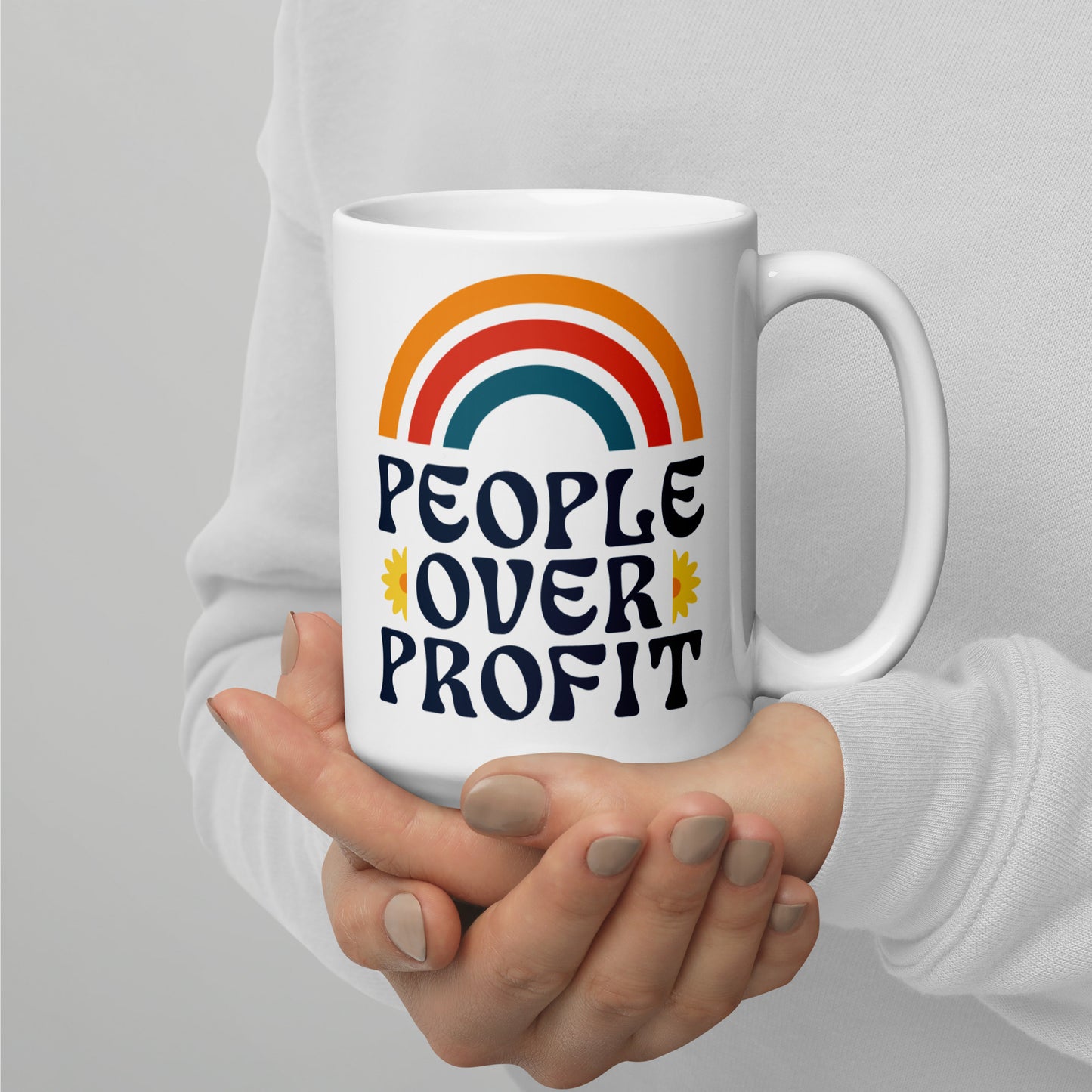 15 oz People Over Profit Mug with retro rainbow graphic