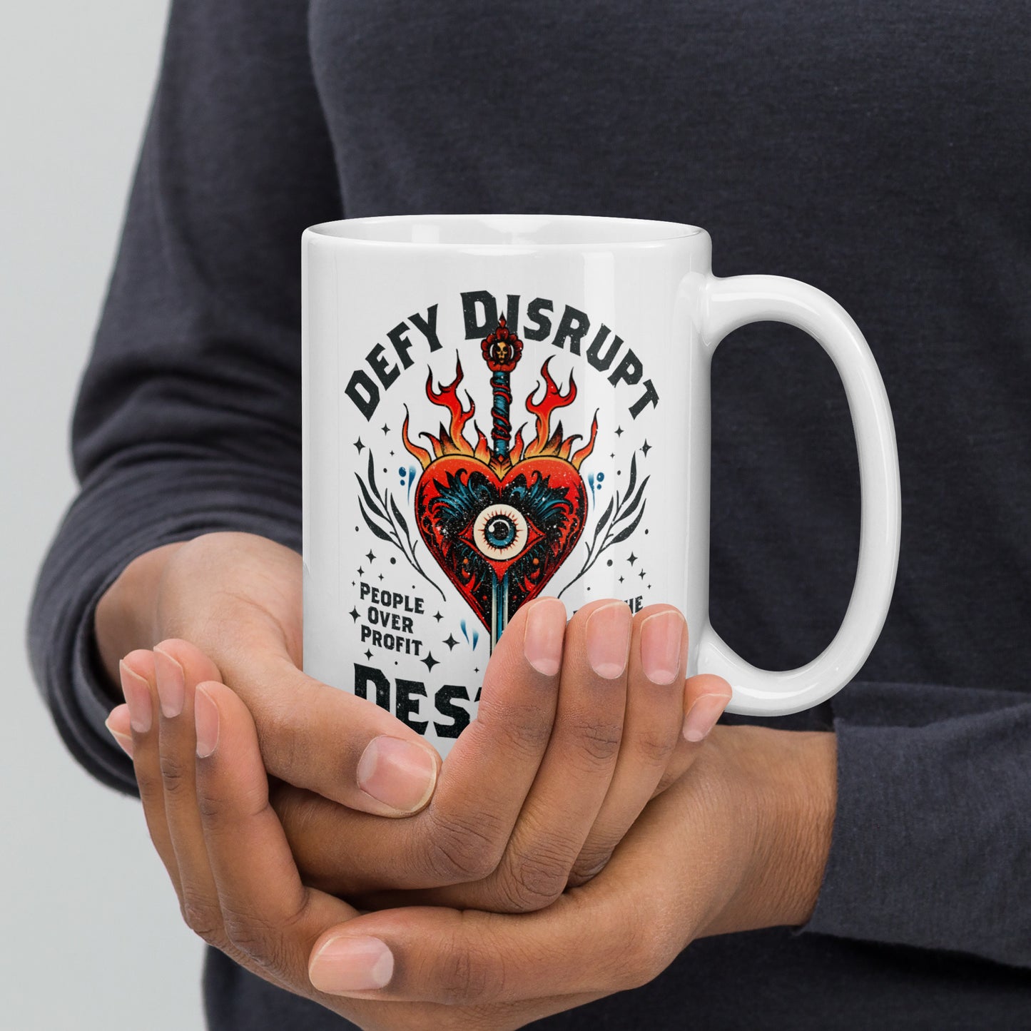 15 oz Eat The Rich Mug with tattoo-inspired fiery heart and anti-capitalist slogan.