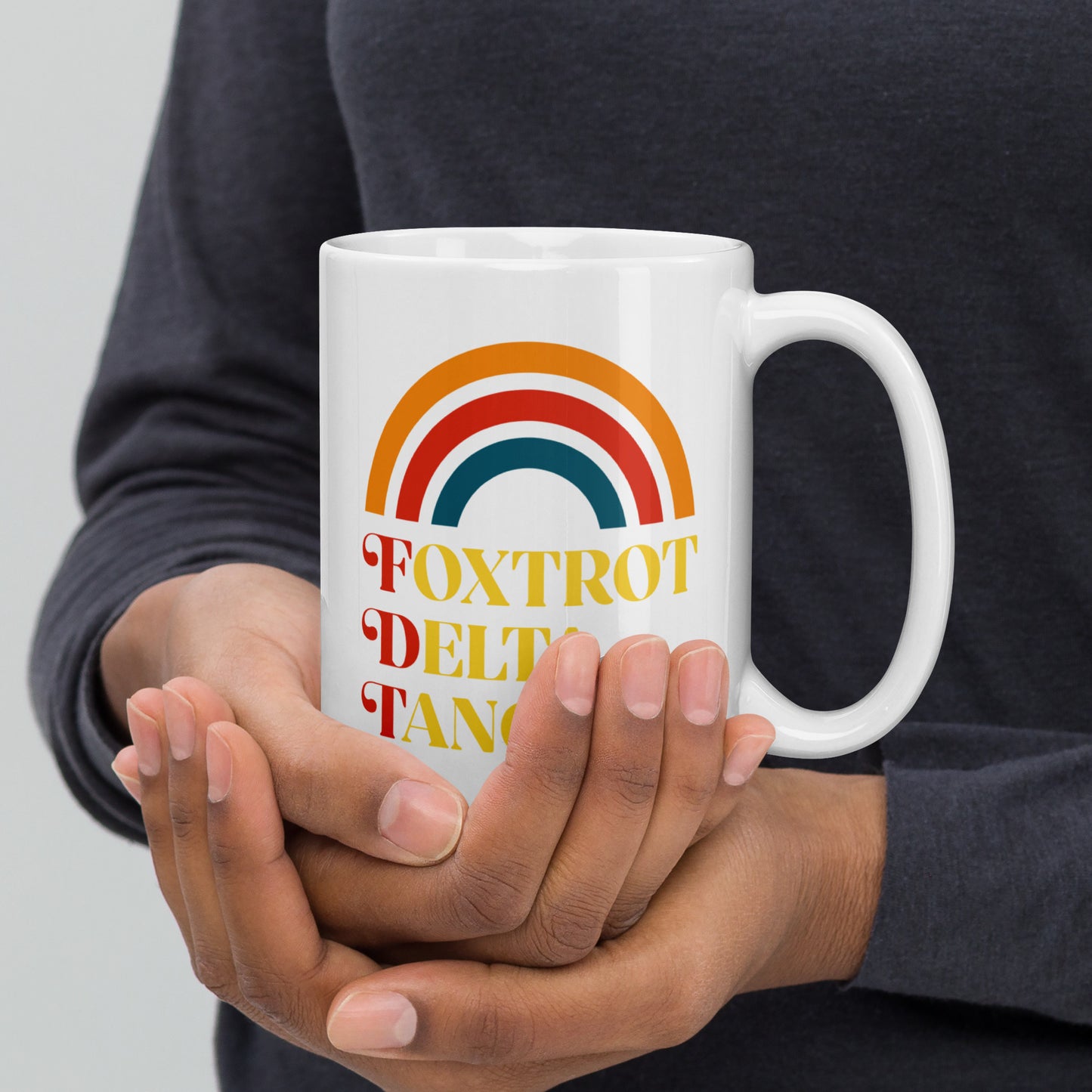 15 oz Foxtrot Delta Tango Anti-Trump White Mug with retro rainbow design