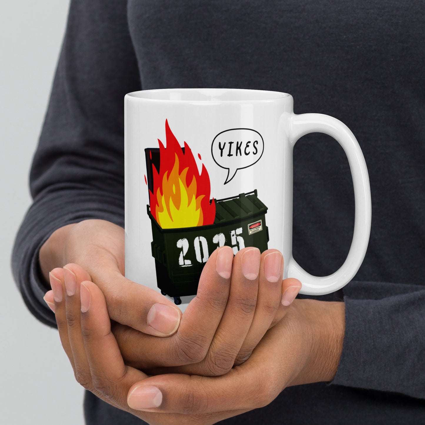 Front view of the 2025 Trump Dumpster Fire Mug with bold design.