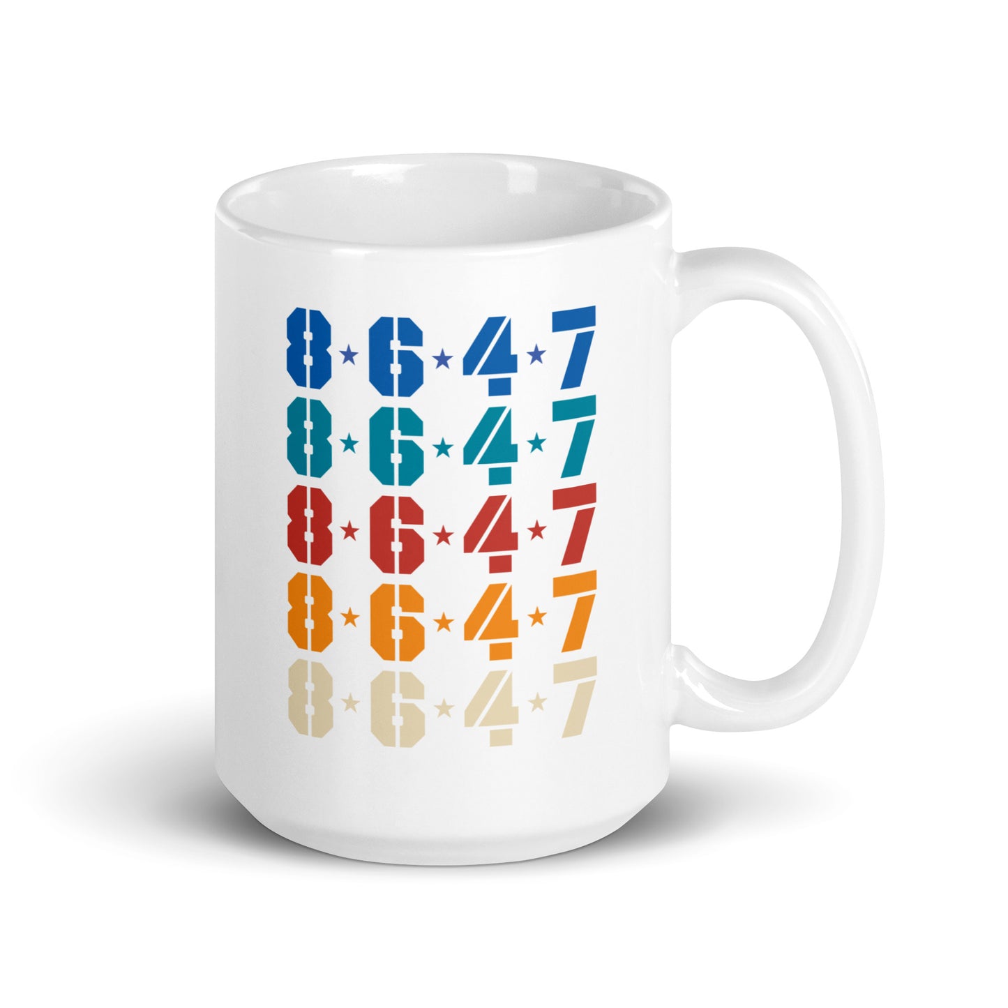 Front view of the 15 oz Subtle Anti-Trump 8647 FDT Retro Political Activism White Glossy Mug showcasing the "8647" design.